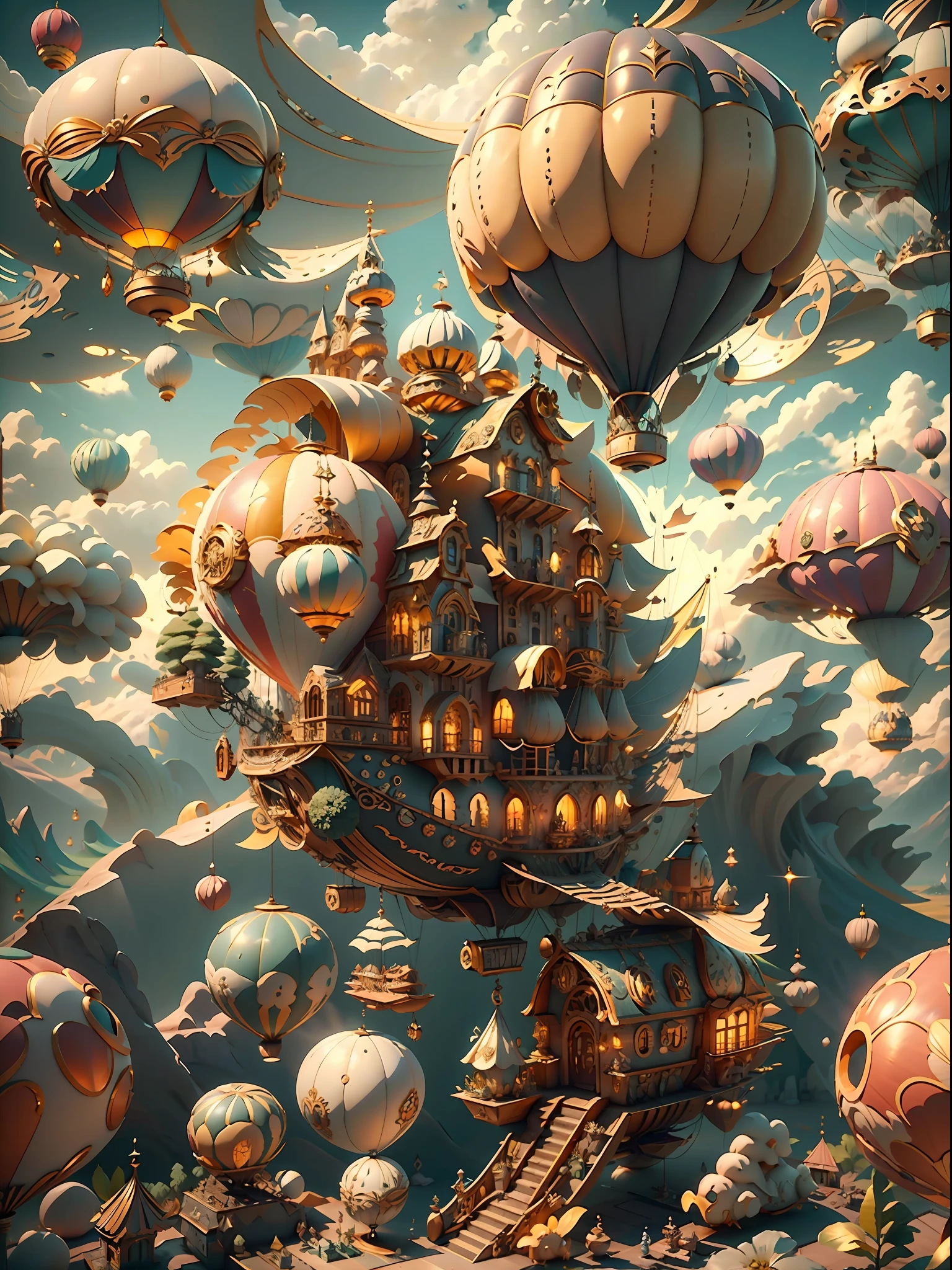 FairyTaleAI Airship, hot air balloon, Airship ZonaiIAI,, ao ar livre, nuvens,, obra-prima, trend, 8k, The scene includes magical forests filled with mushrooms and colorful creatures, and audio waves can be heard in the background. The image is rendered on a hot, estilo colorido com foco no contraste e textura, Branco Reflexivo Brilhante: 1.5, Textura Brilho Laranja: 1.3