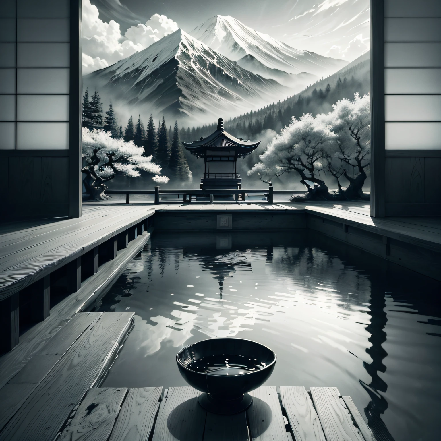 Create an exquisite ink painting depicting the beauty of Japanese landscapes. The image should capture the essence of serenity, harmony, and tranquility. The mood should evoke a sense of traditional Japanese aesthetics and cultural heritage. The composition should showcase a captivating Japanese scenery, such as a peaceful garden, a majestic mountain range, or a serene cherry blossom view. The lighting should be soft and subtle, enhancing the delicate details of the ink strokes. The final image should resemble an authentic ink painting, evoking a sense of timelessness and be in 8k resolution, ((gray scale)) --auto