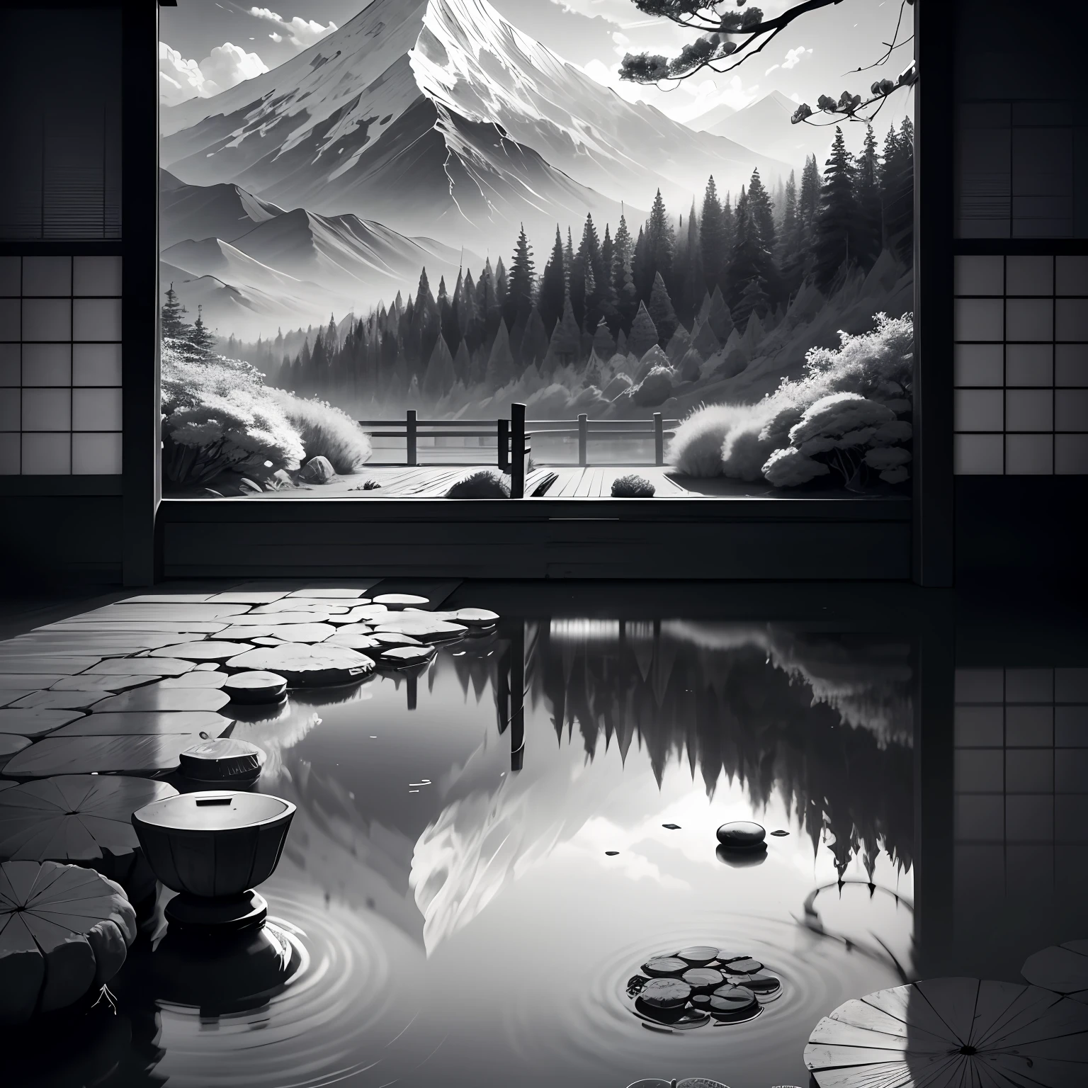 Create an exquisite ink painting depicting the beauty of Japanese landscapes. The image should capture the essence of serenity, harmony, and tranquility. The mood should evoke a sense of traditional Japanese aesthetics and cultural heritage. The composition should showcase a captivating Japanese scenery, such as a peaceful garden, a majestic mountain range, or a serene cherry blossom view. The lighting should be soft and subtle, enhancing the delicate details of the ink strokes. The final image should resemble an authentic ink painting, evoking a sense of timelessness and be in 8k resolution, ((gray scale)) --auto