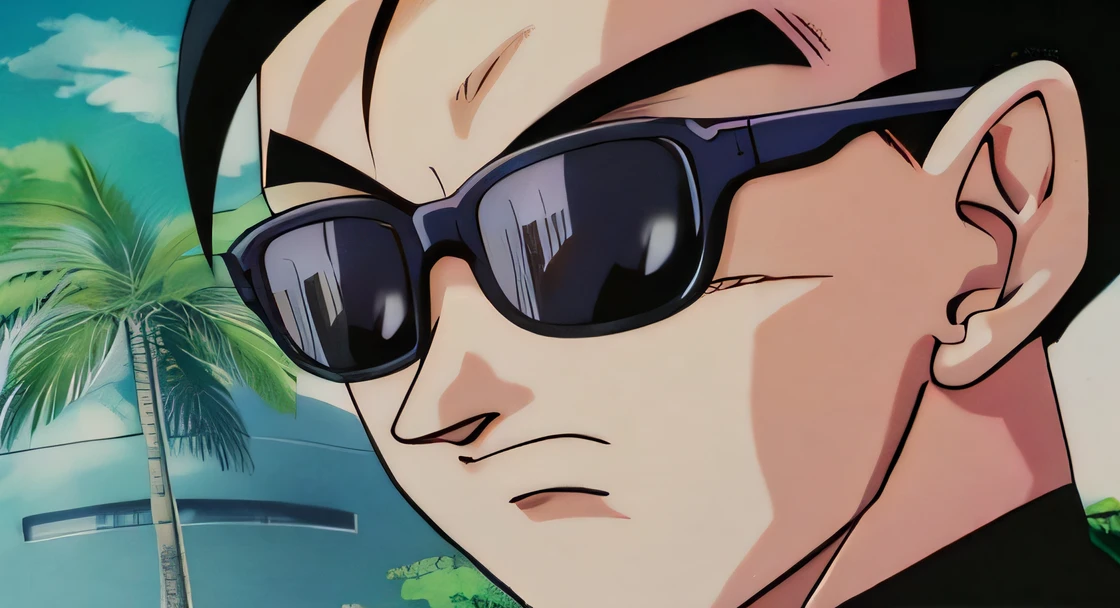 A closeup of a man wearing sunglasses and a black shirt, Estilo Akira Toriyama, Akira Toriyama 📹, Akira Toriyama, Akiri Toriyama, 9 0 s anime aesthetic, 8 0 s vibe anime, Shinji Ikari, sorriso roguish, ZERO, Estilo anime dos anos 90, 9 0 s estilo anime --auto