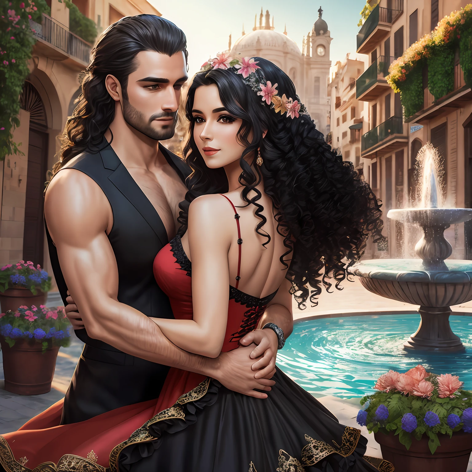 Hyper realistic super detailed faces, Fit handsome man dancing the tango outside with beautiful Hispanic woman with long black hair wearing traditional red and black flamenco dress, Barcelona spain, in love, longing, 8k, super detailed facial, perfect face, features, woman wearing high heels, woman has long black curly hair, dancing seductively, ultra detailed face and body, thin body, 8k, hyper detailed, lacy frilly dress , sun shining with lot of colors around, lots of beautiful flowers and water fountain, hyper detailed face, whole body in frame, lot of plants and flowers --auto