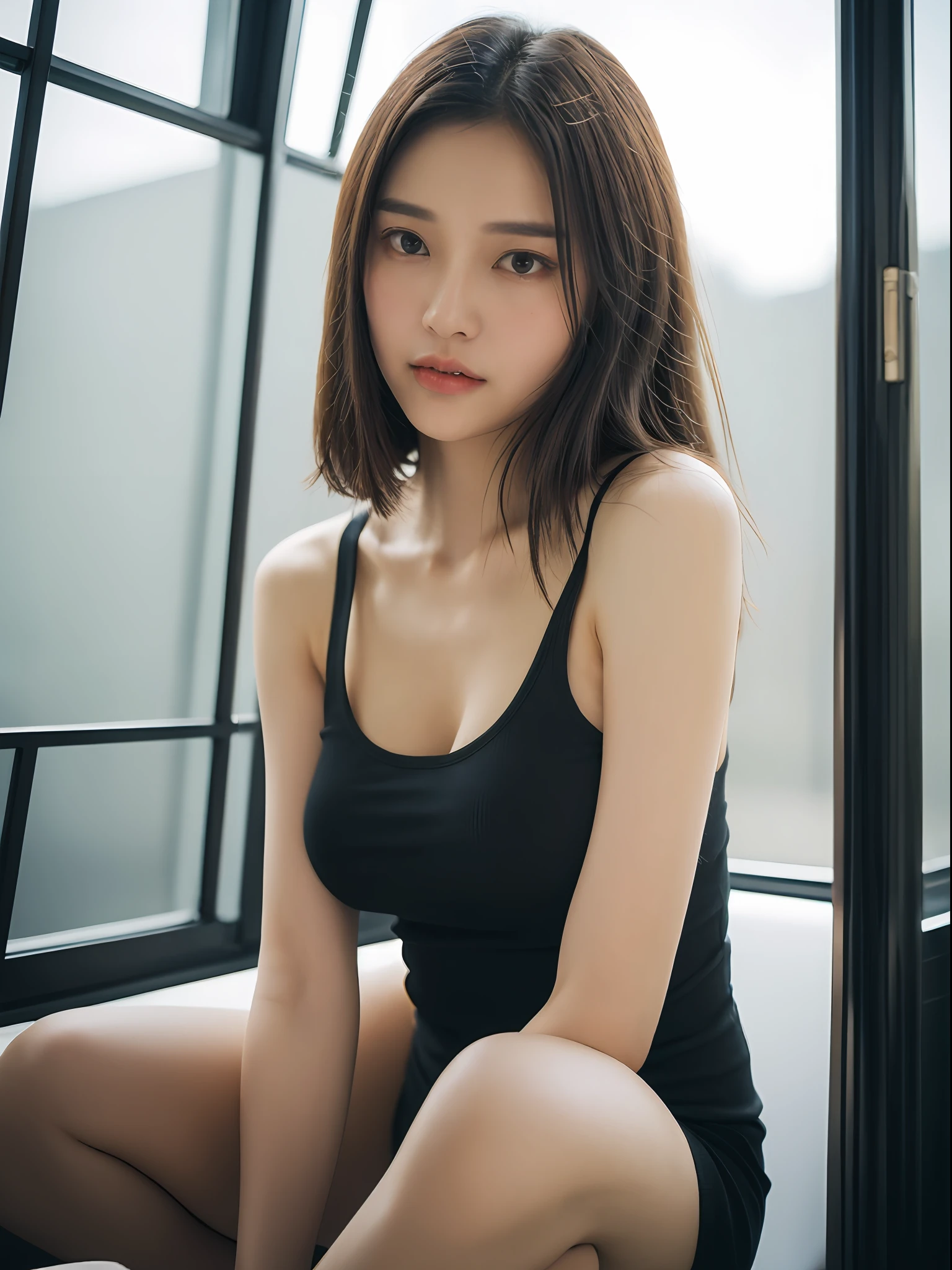 ((逼真光线, best qualtiy, 8K, tmasterpiece:1.3)), sharp fokus:1.2, 1girll, Beautiful Women with Perfect Figure:1.4, Slim abs:1.1, ((dark brown  hair)), (black tanktop:1.4）,（exteriors，In the daytime：1.1），Highway view，Ultra-fine face，Fine eyes，二重まぶた，Long legs