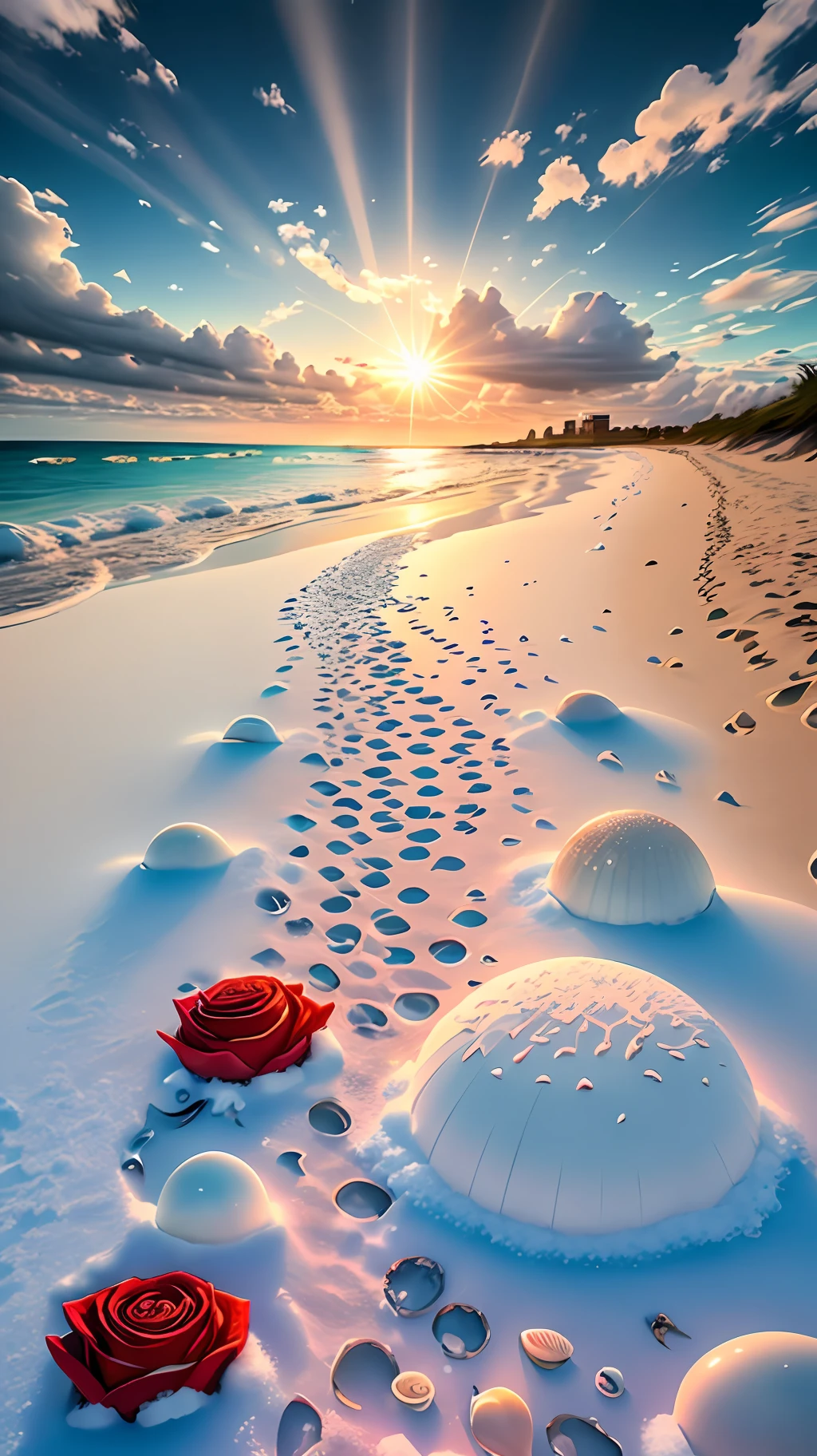 delicate scene,depth of field, 8K, The ivory sky,white clouds,and sunlight shine on the snow-white beach. The coral sea,and many colorful tinny shells on the beach,red roses, roses focus,