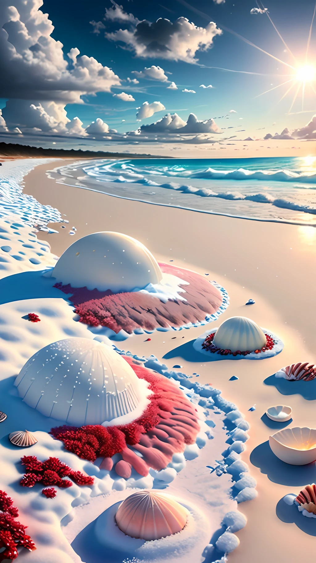 delicate scene,depth of field, 8K, The ivory sky,white clouds,and sunlight shine on the snow-white beach. The coral sea,and many colorful tinny shells on the beach,red roses, roses focus,