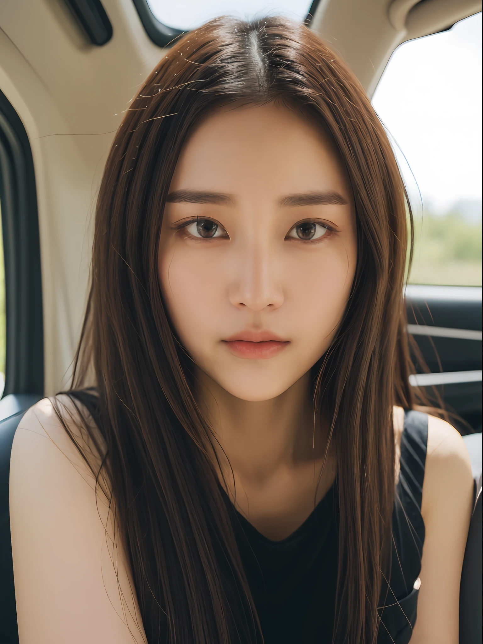 ((逼真光线, best qualtiy, 8K, tmasterpiece:1.3)), sharp fokus:1.2, 1girll, Beautiful Women with Perfect Figure:1.4, Slim abs:1.1, ((dark brown hair)), (tight vest:1.4),(exteriors,In the daytime:1.1),Highway view,Ultra-fine face,Fine eyes,二重まぶた,Exercise