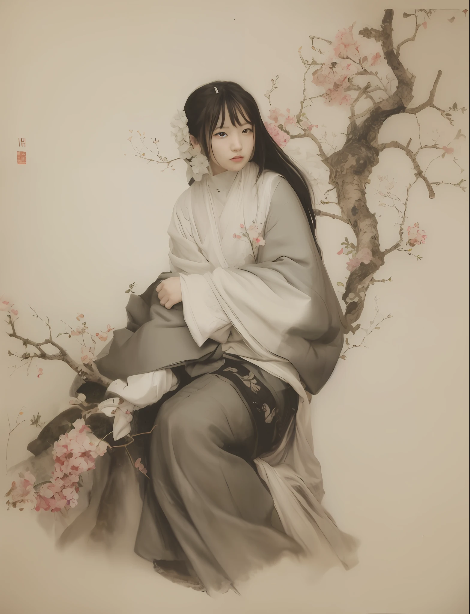 a drawing,A woman sits on a branch, Inspired by Qiu Ying, inspired by Gu Kaizhi, inspired by Wu Shixian, Palace , A girl in Hanfu, inspired by Tang Yin, Chinese woman, Princesa chinesa antiga, ancient chinese beauti, inspired by Wu Zuoren, inspired by Zhan Ziqian, Traditional Chinese Ink Painting