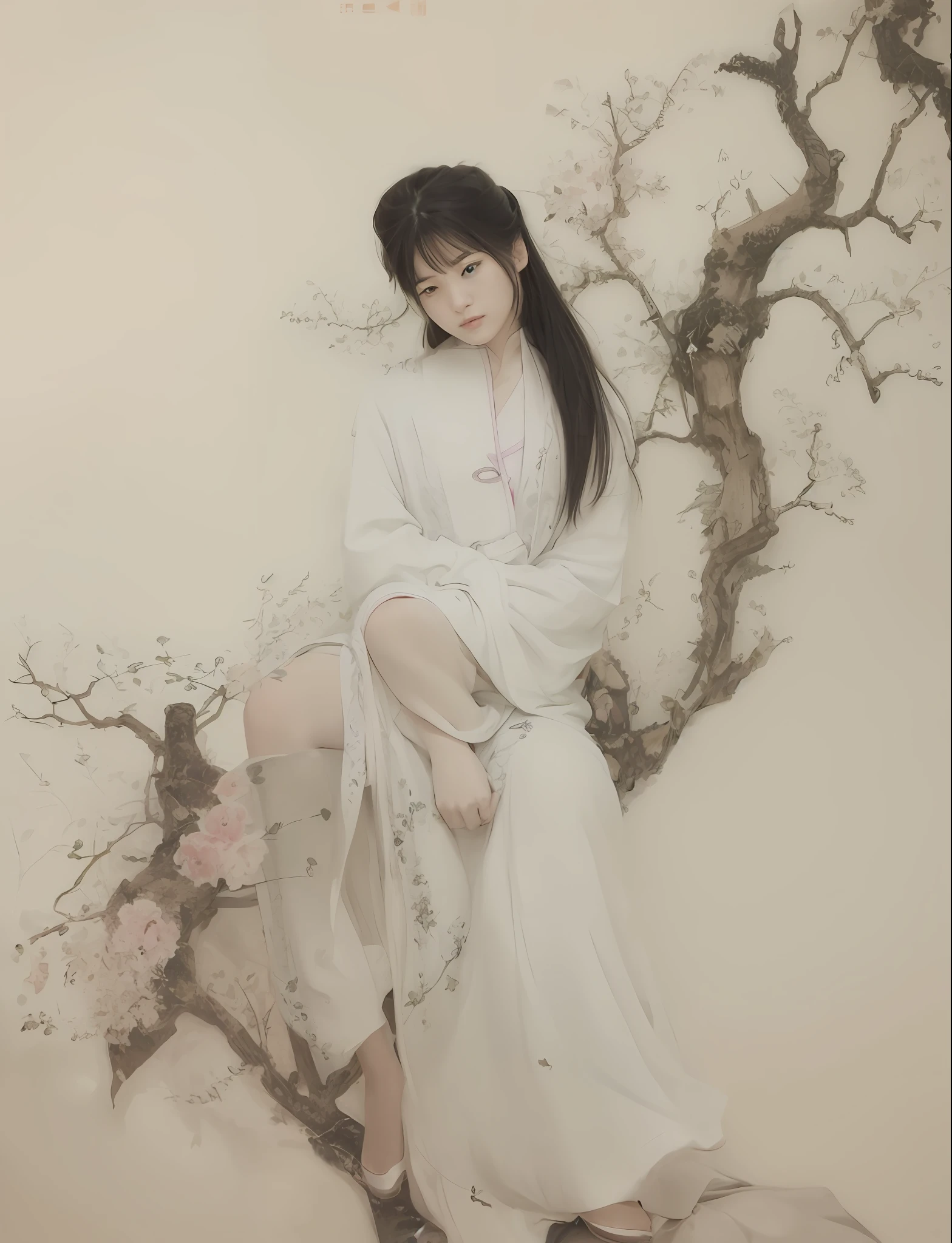 a drawing，A woman sits on a branch, Inspired by Qiu Ying, inspired by Gu Kaizhi, inspired by Wu Shixian, Palace ， A girl in Hanfu, inspired by Tang Yin, Chinese woman, Princesa chinesa antiga, ancient chinese beauti, inspired by Wu Zuoren, inspired by Zhan Ziqian, Traditional Chinese Ink Painting