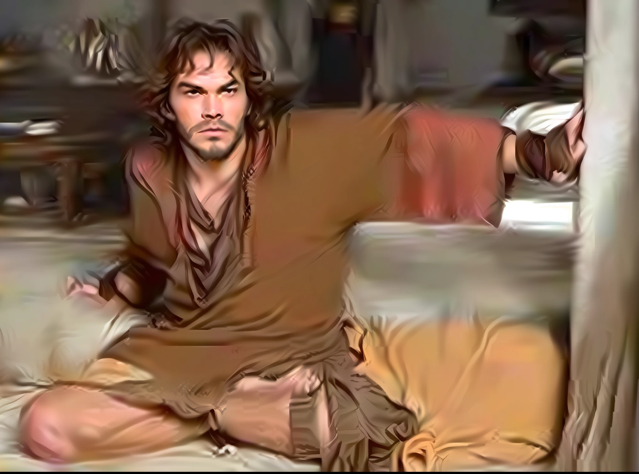 Arafed man sitting on the floor with a blanket and a blanket, biblical clothing, Nicodemos, biblical epic movie, Chris Pratt Antigo Corso, vestindo vestes marrons, vestindo roupas de homem das cavernas, Vestido como Jesus Cristo, Jeremias, Ancient aliens, covered in robes, Ancient Biblical, Vestidos Castanhos, Homem de Roma Antiga, O cara, jason momoa as assyrian