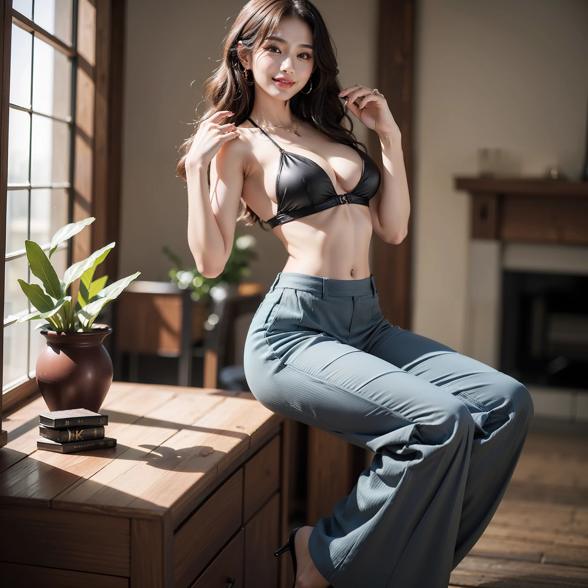 ((top-quality、8k、​masterpiece:1.3))、Beautiful One Woman in Perfect Style、affectionate smile、Wide pants、Gaucho Pants、Flared pants、pleatedskirt、formal pants、skinny pants、big breasts thin waist、abdominals、Sexy ass、slim legs、