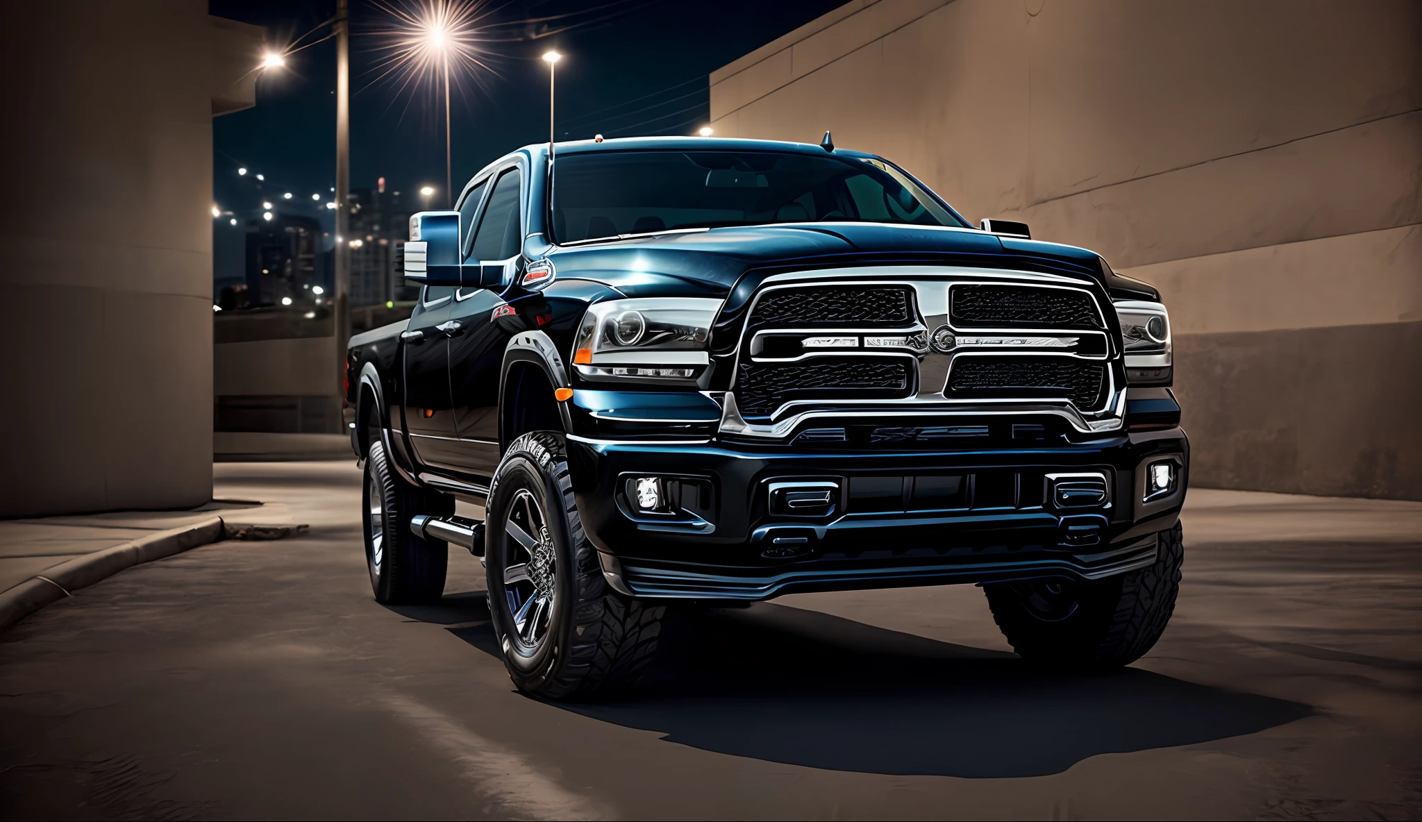 A picture of a black dodge ram 3500 mega cab dually, parked under a well lit parkade at night , shallow depth of field, cinematic light, soft light (RAW, analogue, Nikon Z 14mm ultra-wide angle lens, award-winning glamour photograph, ((best quality)), ((masterpiece)), ((realistic)), tessellation, ambient occlusion, ray-tracing, subsurface scattering, radiant light rays, high-res, detailed facial features, high detail, sharp focus, aesthetic, extremely detailed, extremely, octane render, photorealistic, realistic, post-processing, max detail, realistic shadows, roughness, real life, ultra-realistic, photorealism, photography, 8k UHD, photography, intricate, highly detailed, sharp focus, stunning, 8k, intricate, highly detailed, majestic, digital photography, (masterpiece, sidelighting, finely detailed, wide angle camera,