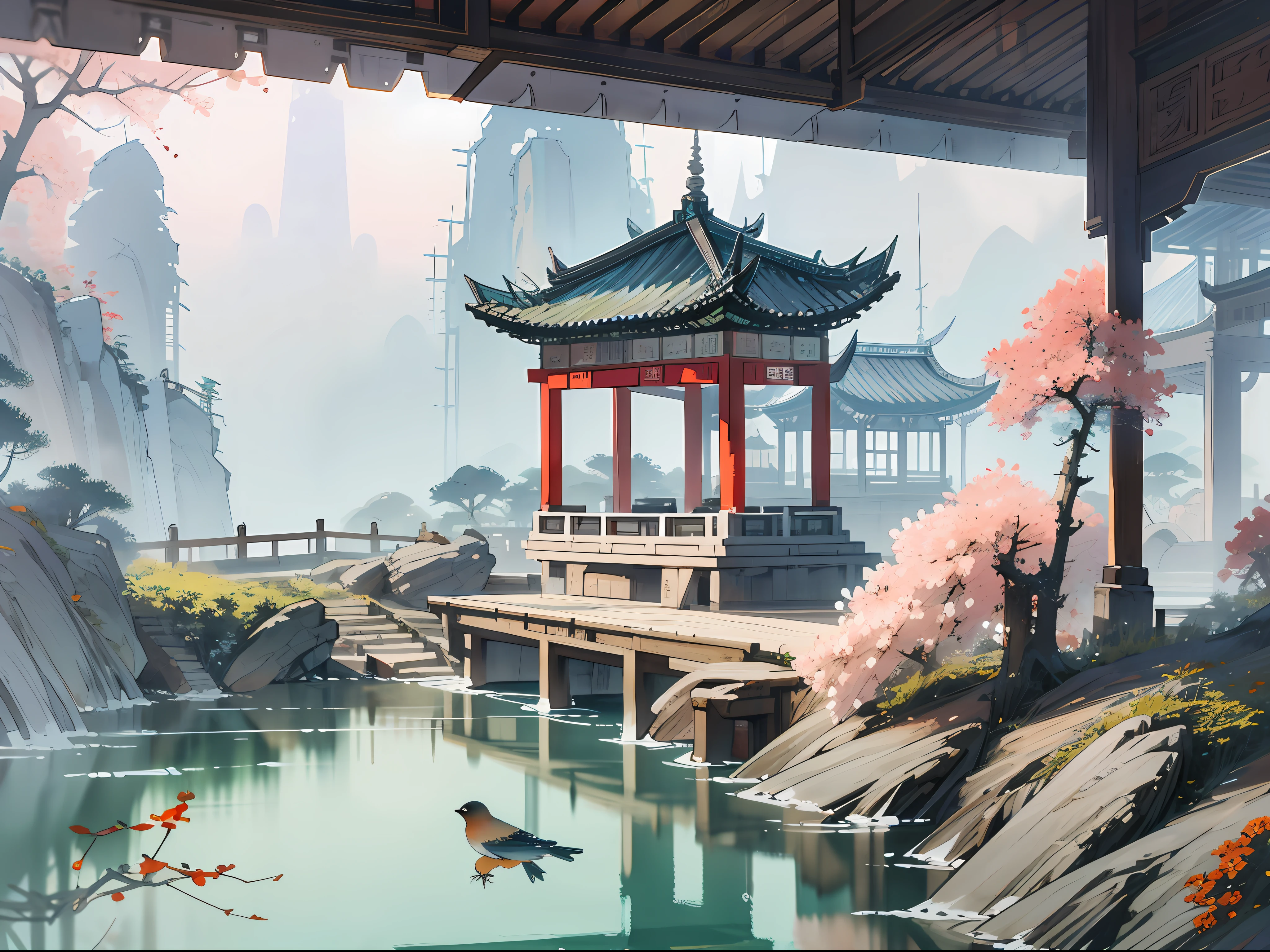 birds and flowers,white backgrounid,pavilion,mont,中景 the scene is,China-style,florals,The fish,stone fragment,Beautiful and delicate water,pools of water,rich background,Highest image quality --auto