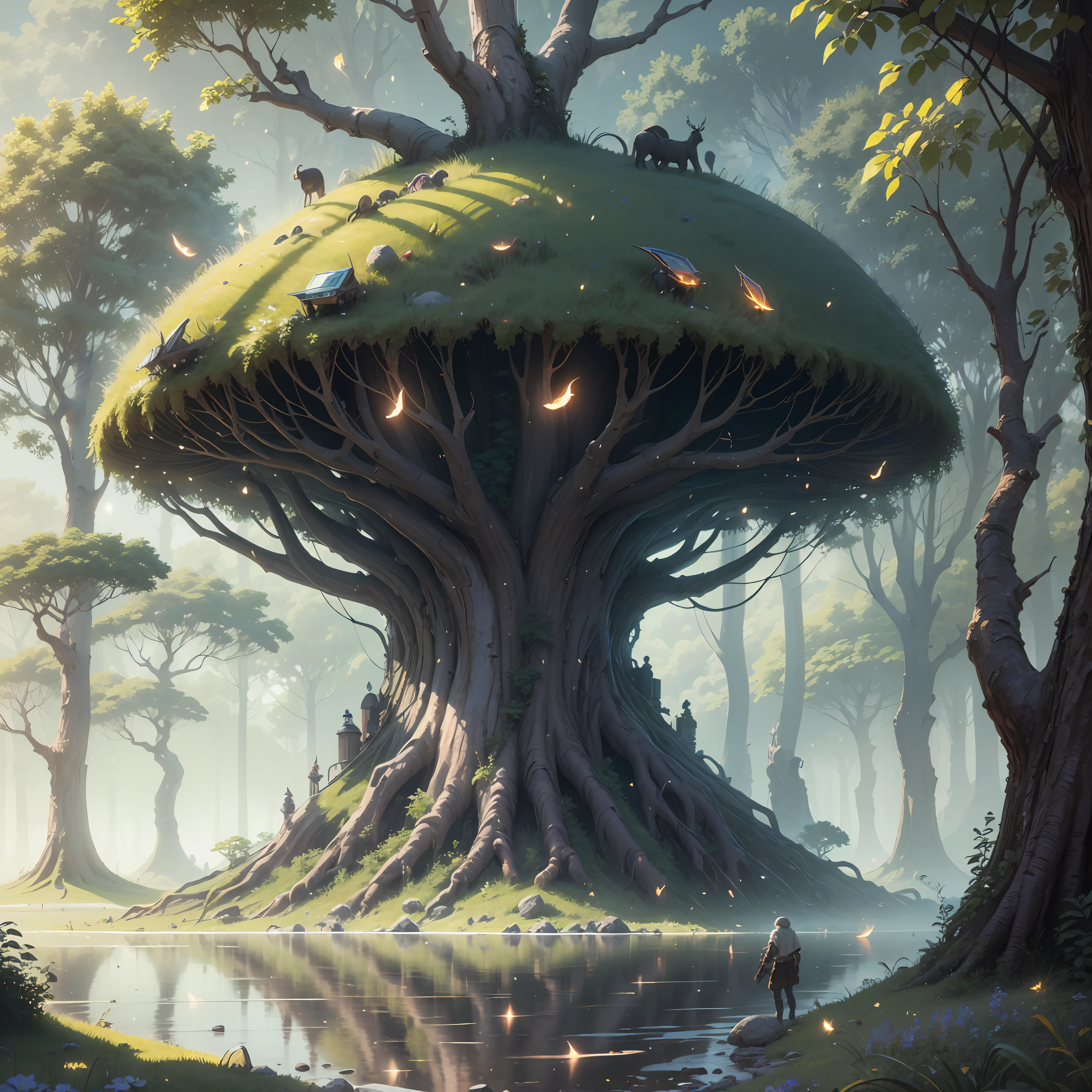 Masterpiece, best quality, (very detailed CG unity 8k wallpaper), (best quality), (best illustration), (best shadows), glow sprite, with a glowing deer, in the swimming pool Drinking water, natural elements in the forest theme. Mysterious forest, beautiful forest, nature, surrounded by flowers, delicate leaves and branches surrounded by fireflies (natural elements), (jungle theme), (leaves), (twigs), (fireflies), (particle effects) etc. 3D , Octane rendering, ray tracing, super detailedSky, Clouds, holding_weapon, no_humans, Glow, giant mechanical _ trees , city with tall trees _Architecture, “sky, cloud, glowing, big trees ,comunity,joy, ghost elephants, robot, cybernetic _trees, tree_mech, sci-fi, cityscape, realistic, mechanical” Science Fiction, Cities, Rendered in Octane, hyper realistic, 8k, epic composition, cinematic, octane render, artstation landscape vista photography by Carr Clifton & Galen Rowell, 16K resolution, Landscape veduta photo by Dustin Lefevre & tdraw, 8k resolution, detailed landscape painting by Ivan Shishkin, DeviantArt, Flickr, rendered in Enscape, Miyazaki, Nausicaa Ghibli, Breath of The Wild,,trending in artstation, cgsociety, 8k post-processing highly detailed,Junji Murakami, Mucha Klimt, Sharandula, Hiroshi Yoshida, Tom Bagshaw, Ross Tran, Artgerm,Craig Mullins,dramatic,Junji Murakami, moody lighting rendered by octane engine,characters 8K symmetrical arstation, cape,cinematic lighting, intricate details, 8k detail post processing, hyperealistic, octane rend, Zdzisław Beksiński style, ar 2:3 Reality Reality –auto –v6 –s2Finetuned Model Leon --auto --s2