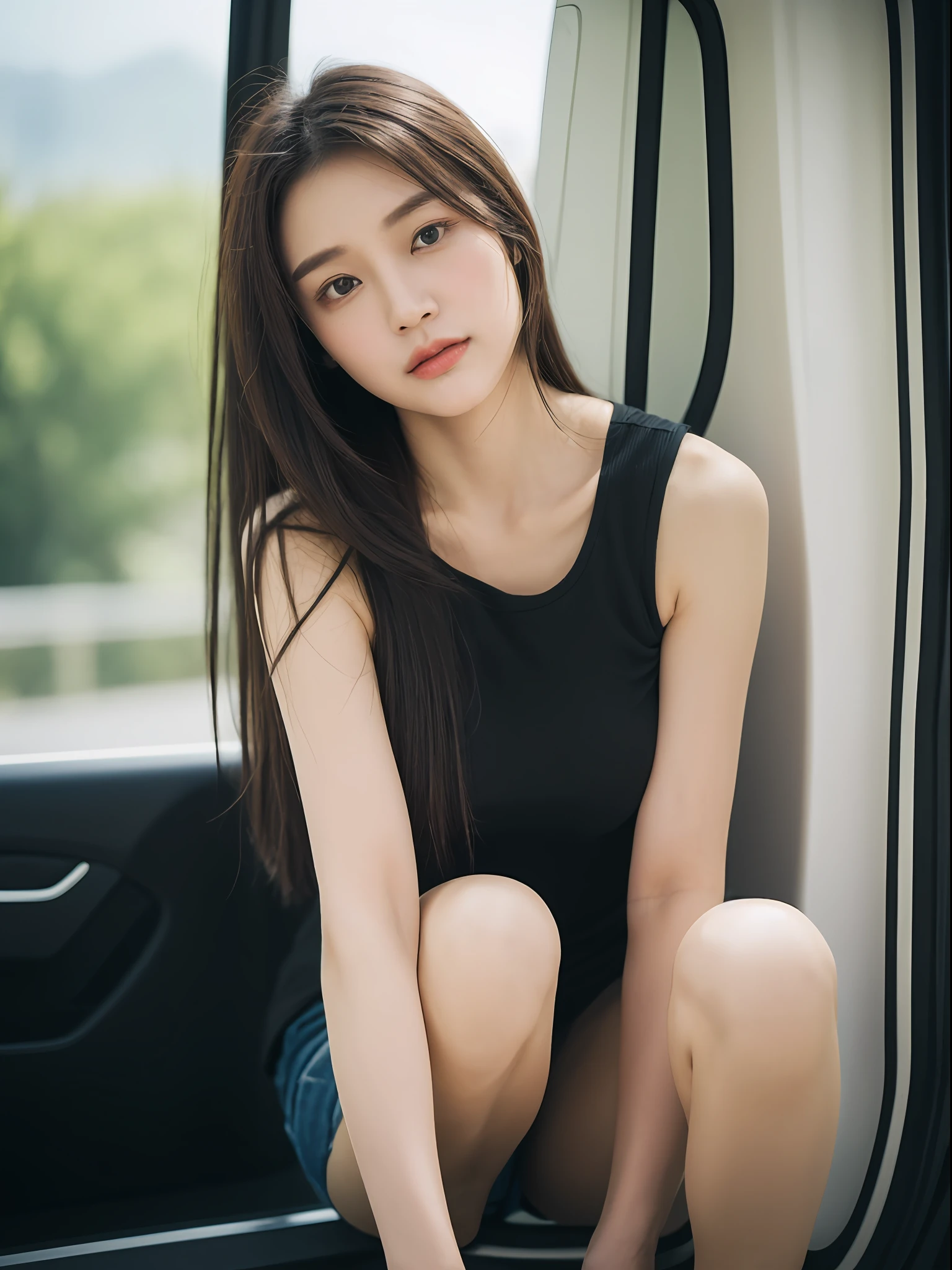 ((逼真光线, best qualtiy, 8K, tmasterpiece:1.3)), sharp fokus:1.2, 1girll, Beautiful Women with Perfect Figure:1.4, Slim abs:1.1, ((dark brown hair)), (black tanktop:1.4),(exteriors,In the daytime:1.1),Highway view,Ultra-fine face,Fine eyes,二重まぶた,Long legs