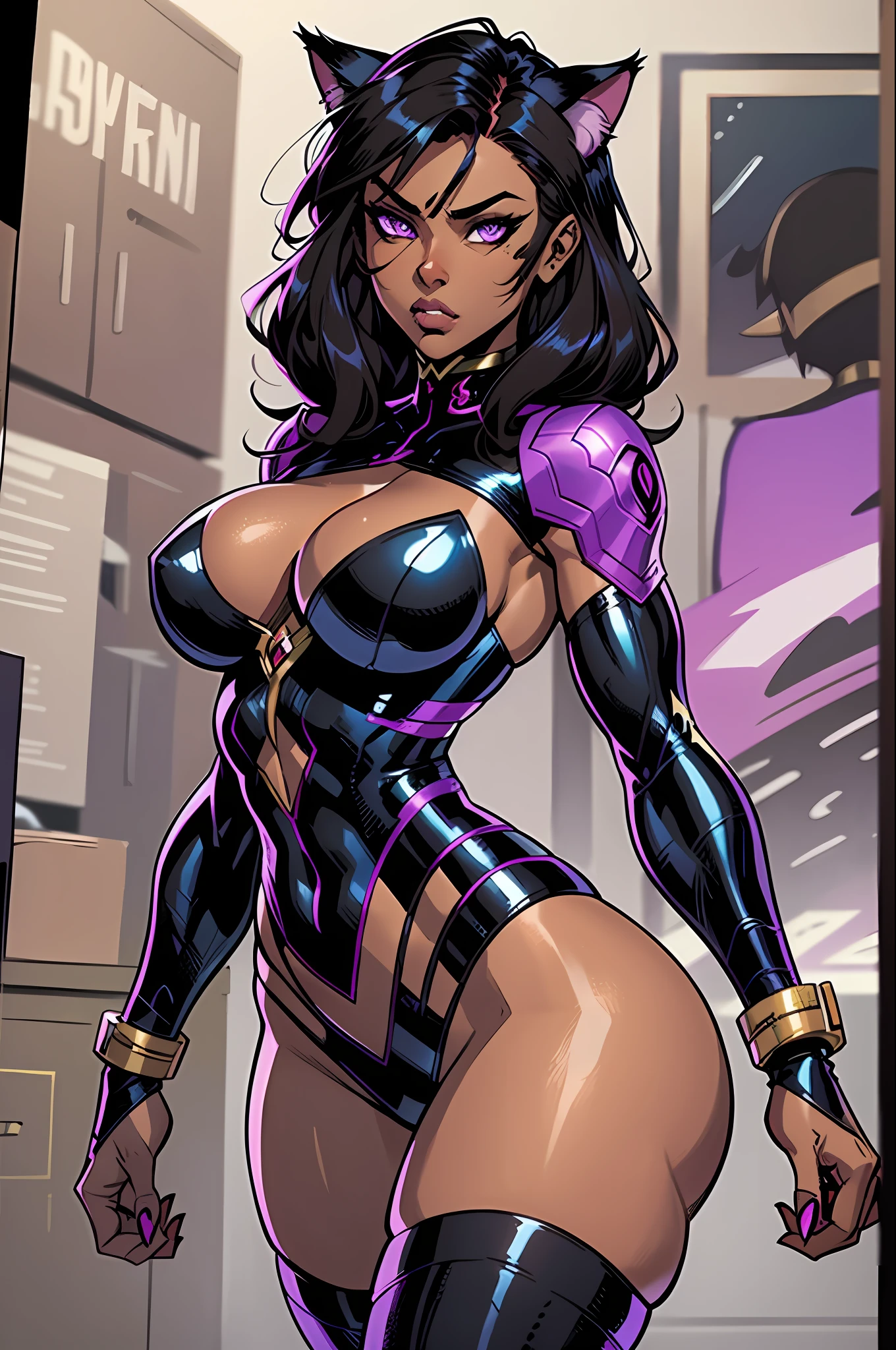 Masterpiece, Excellent, 1girl, solo, complex details, color diffusion, comic book, anime, marvel, DC, catgirl, dark skin, ebony, brown skin, dark-skinned female, thighs, cat ears, dark hair, black hair, purple eyes, skimpy attire, epic attire, assassin, badass, deadly but sexy, trending, demon, goddess