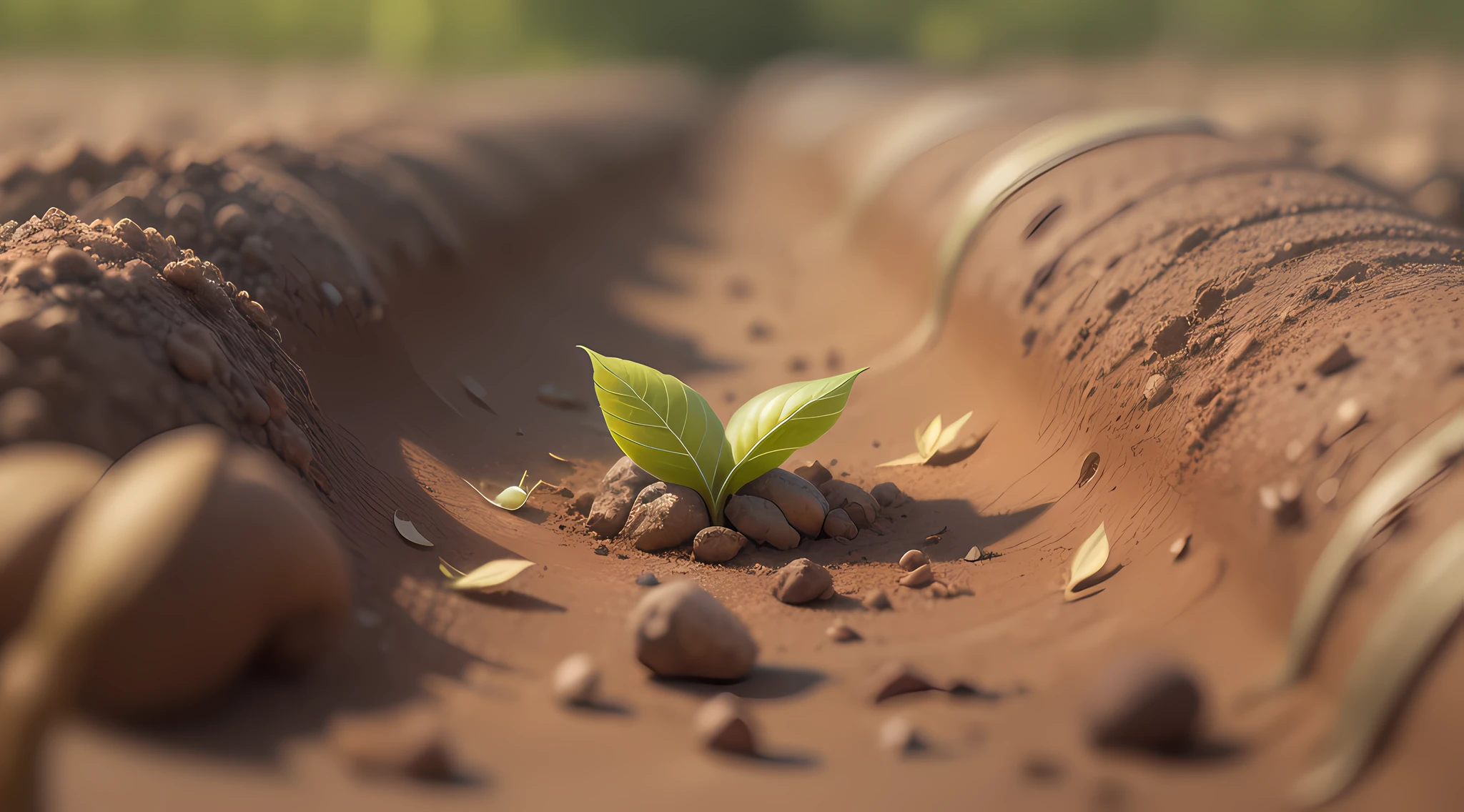 A seed alone from a tree sprouting in a fertile soil. A imagem deve ter um zoom na semente.