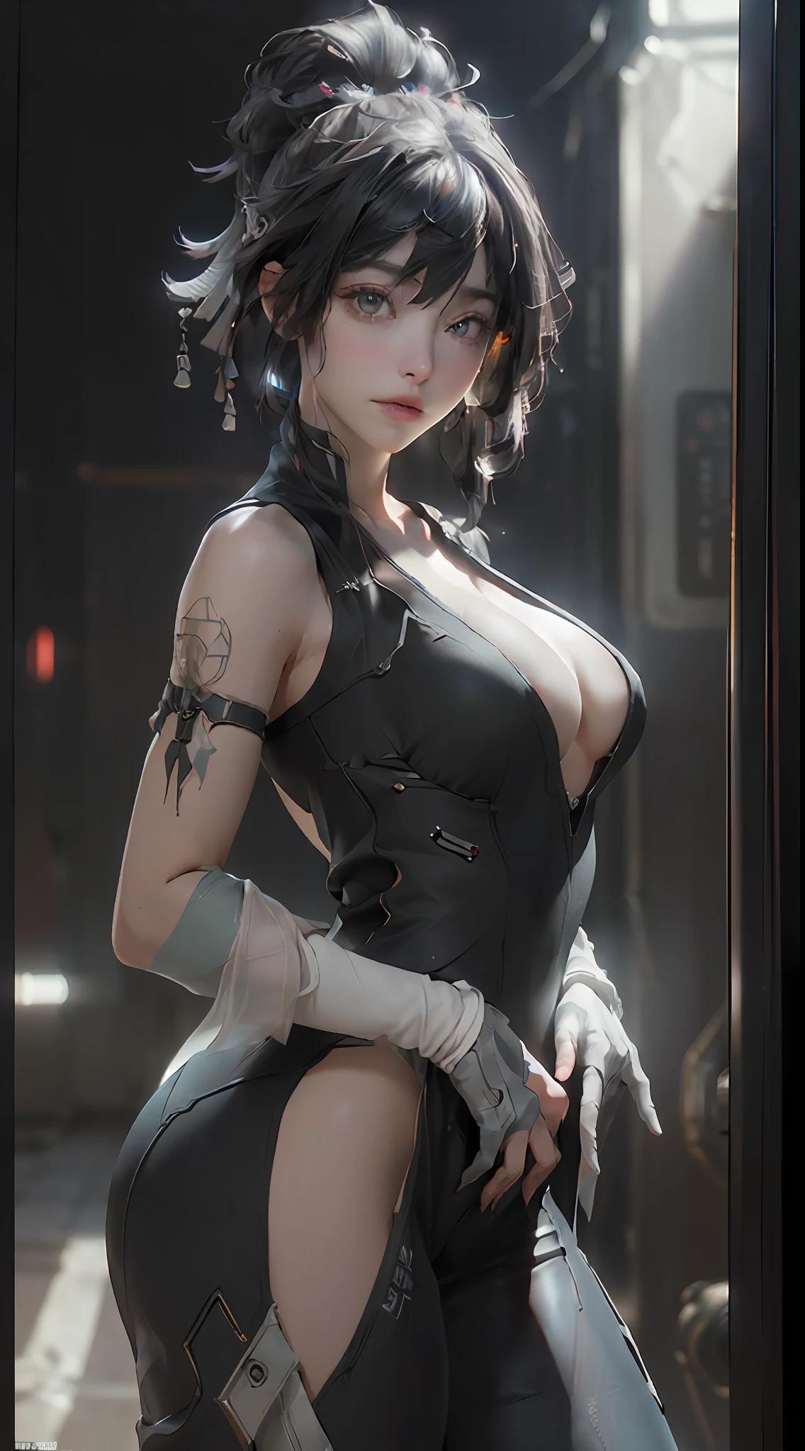 (Best Quality), ((Masterpiece), (Detail: 1.4), 3D, A Beautiful Cyberpunk Woman, HDR (High Dynamic Range), Ray Tracing, NVIDIA RTX, Super-Resolution, Unreal 5, Subsurface Scattering, PBR Textures, Post-Processing, Anisotropic Filtering, Depth of Field, Maximum Sharpness and Clarity, Multi-layer Textures, Albedo and Highlight Maps, Surface Shading, Accurate simulation of light-material interactions, perfect proportions, Octane Render, two-color light, large aperture, low ISO, white balance, rule of thirds, 8K RAW, big breasts, big breasts, big breasts, double breasts, breast augmentation, pants coming off, clothes slipping off, nudity,