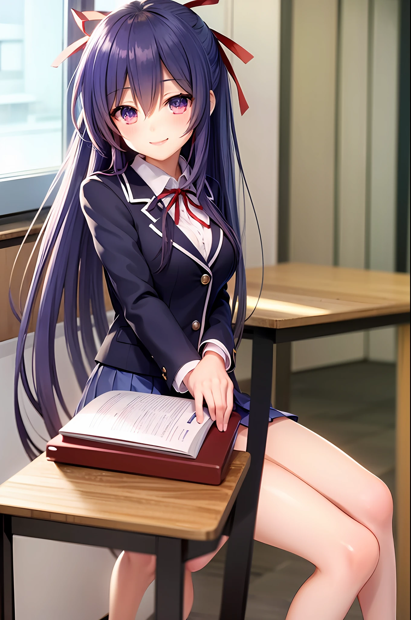 Yatogami tohka, school uniform, blazer, cleavage, medium breasts, best quality, long hair, pony tail, red ribbon hair, masterpiece, highres, best quality, blush, smile shy, sexy pose, indoor, chair, classroom, window, pleated skirt, stocking, thighhigh,