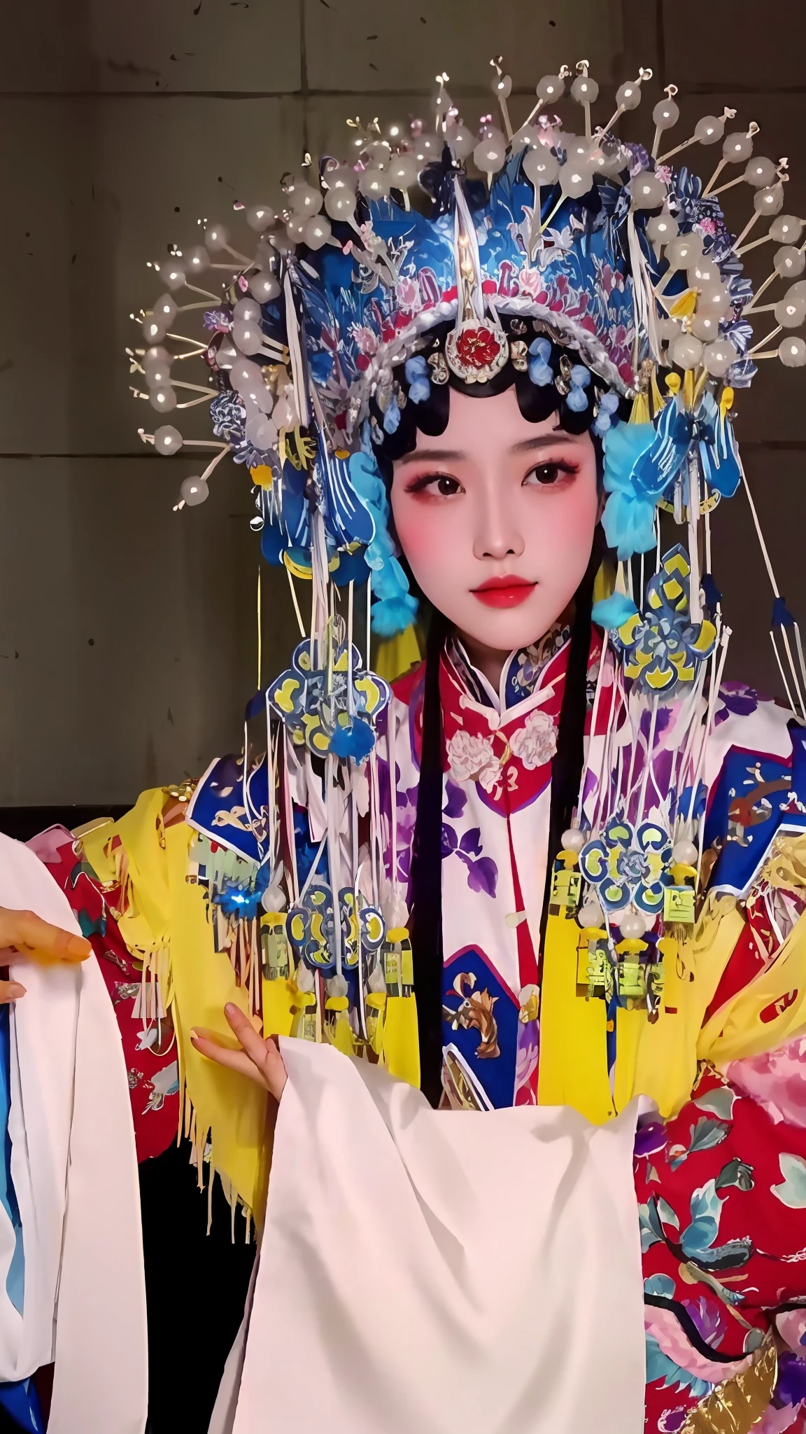 Close-up of a woman in a colorful dress and headdress, beijing opera, chinese empress, Chinese costume, Wearing ancient Chinese clothes, Chinese traditional, Traditional Chinese clothing, queen of the sea mu yanling, Inspired by Lan Ying, China Princess, Traditional beauty, ancient chinese beauti, a beautiful fantasy empress, Hanfu, Princesa chinesa antiga