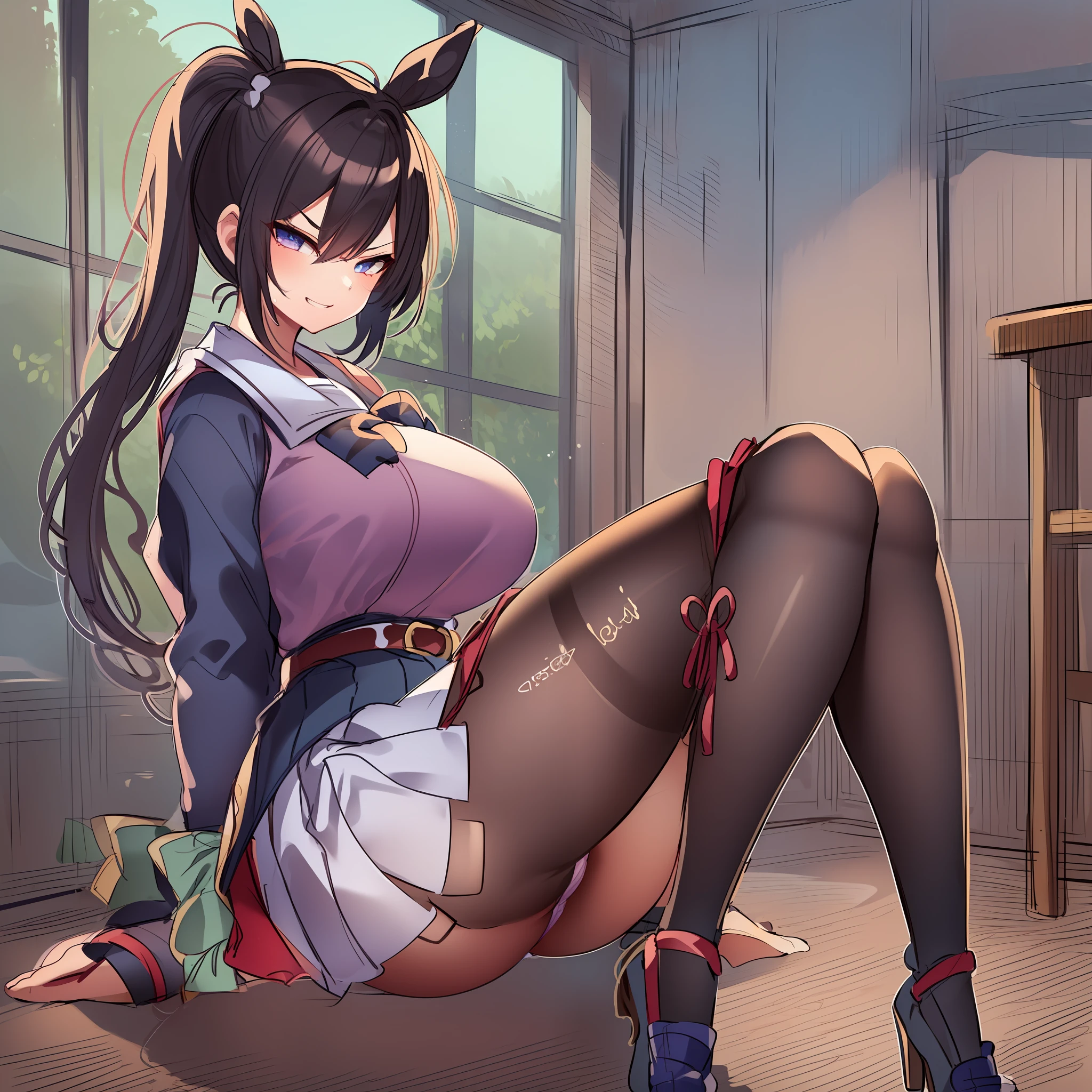 ((masterpiece、top-quality))、(Full body drawing:2)、Sit in front of the camera、Frontal shot、独奏、one girls、stairs at school、Classroom、sit in、(M-shaped legs:1.6)、Sit with your legs open、I can see my panties、sexy panty、Black sexy underwear、String panties、Clothes that are see-through with sweat、Perfect body、Mature look、tall、Tall Beauty、face perfect、Cute and beautiful face、Cute and beautiful girl、Elaborate and detailed faces、Beautiful hair、A dark-haired、(poneyTail:2.3)、Long hair that reaches to the waist、japanes、18year old、Dressing、(校服:2)、(student clothes:1.5)、White and black sailor suit、a sailor suit、Detailed and elaborate costumes、pleatedskirt、Detailed and elaborate costumes with beautiful frills、a miniskirt、(knee high socks:1.3)、Black socks、(garterbelts:1.8)、high-heels、hi-school girl、(Mean and evil smile:1.3)、Lightly open lips、Moist eyes、wide Shots、full-shot、constricted hips、thin-waist、clong legs、Beautiful feet、Skinny Legs、thick thight、(Huge ass:1.2)、perfect buttocks、perfect chest、See-through Valley、Bust with tension、Bust sticking to costume、(large full breasts)、