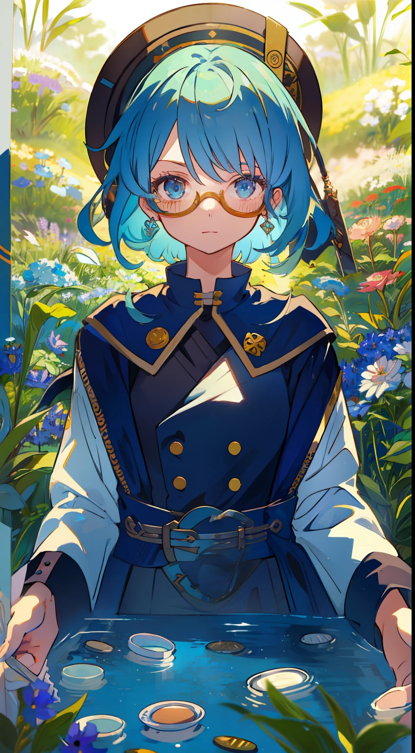 One girl、blue hairs、verd s eyes、masterpiece、top-quality、Top image quality、cute little、Medium hair、Pill glasses、high-level image quality、flower field、masuter piece、onepiece、