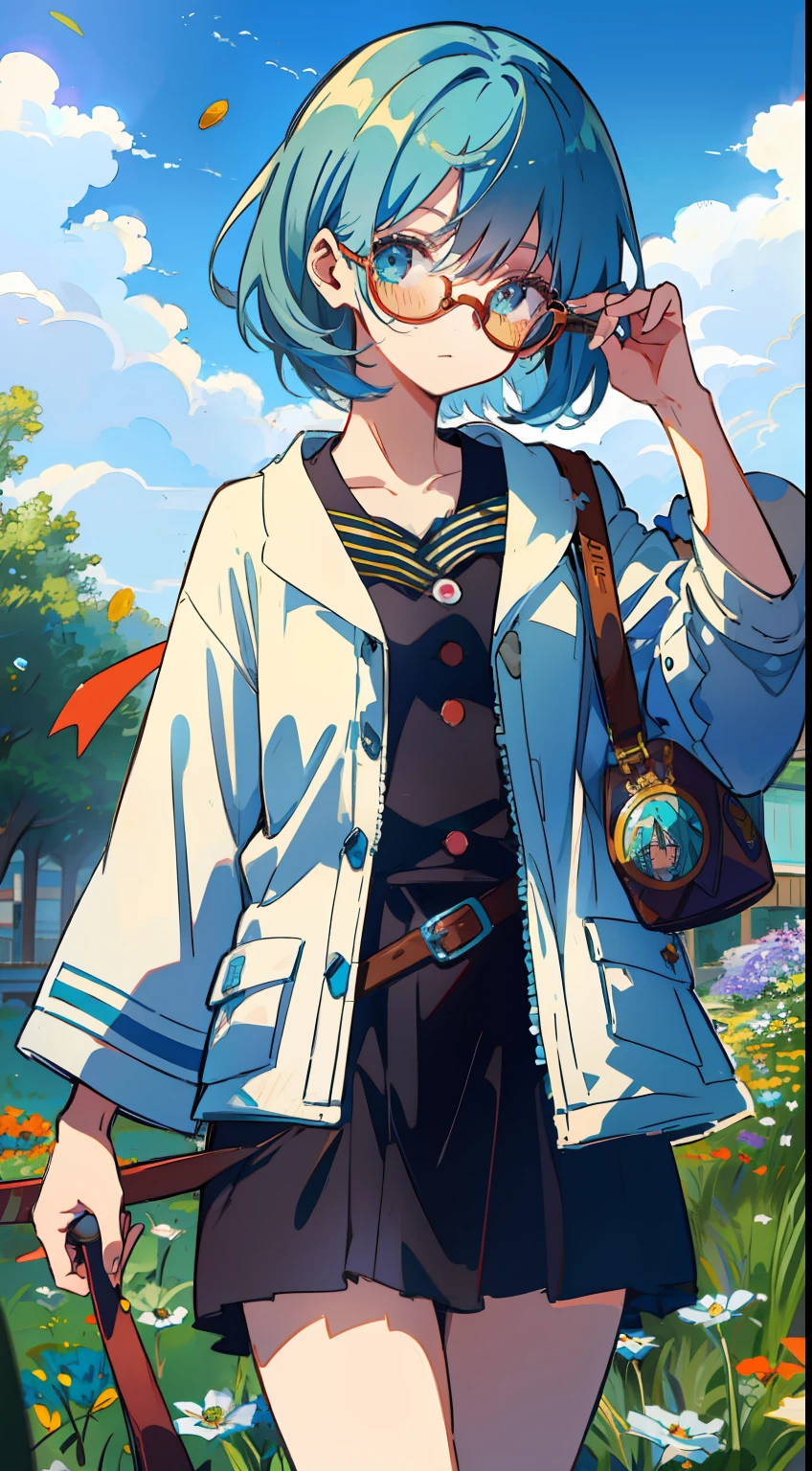 One girl、blue hairs、verd s eyes、​masterpiece、top-quality、Top image quality、cute little、Medium hair、Pill glasses、high-level image quality、flower  field、masuter piece、onepiece、