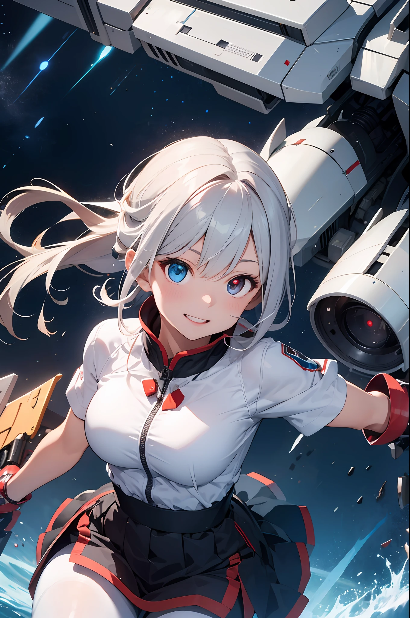 2.5D,a lovely sweet cute girl,mecha,white tactical surface fighter,Steel Forest,Mechanical chinese clothes,white pantyhose, extremely detailed CG unity 8k wallpaper,mecha,Mechanical,Mechanical structure,(heterochromia blue red),blue eyes,red eyes,Floating hair,((Colorful)),smlie,fighting stance,