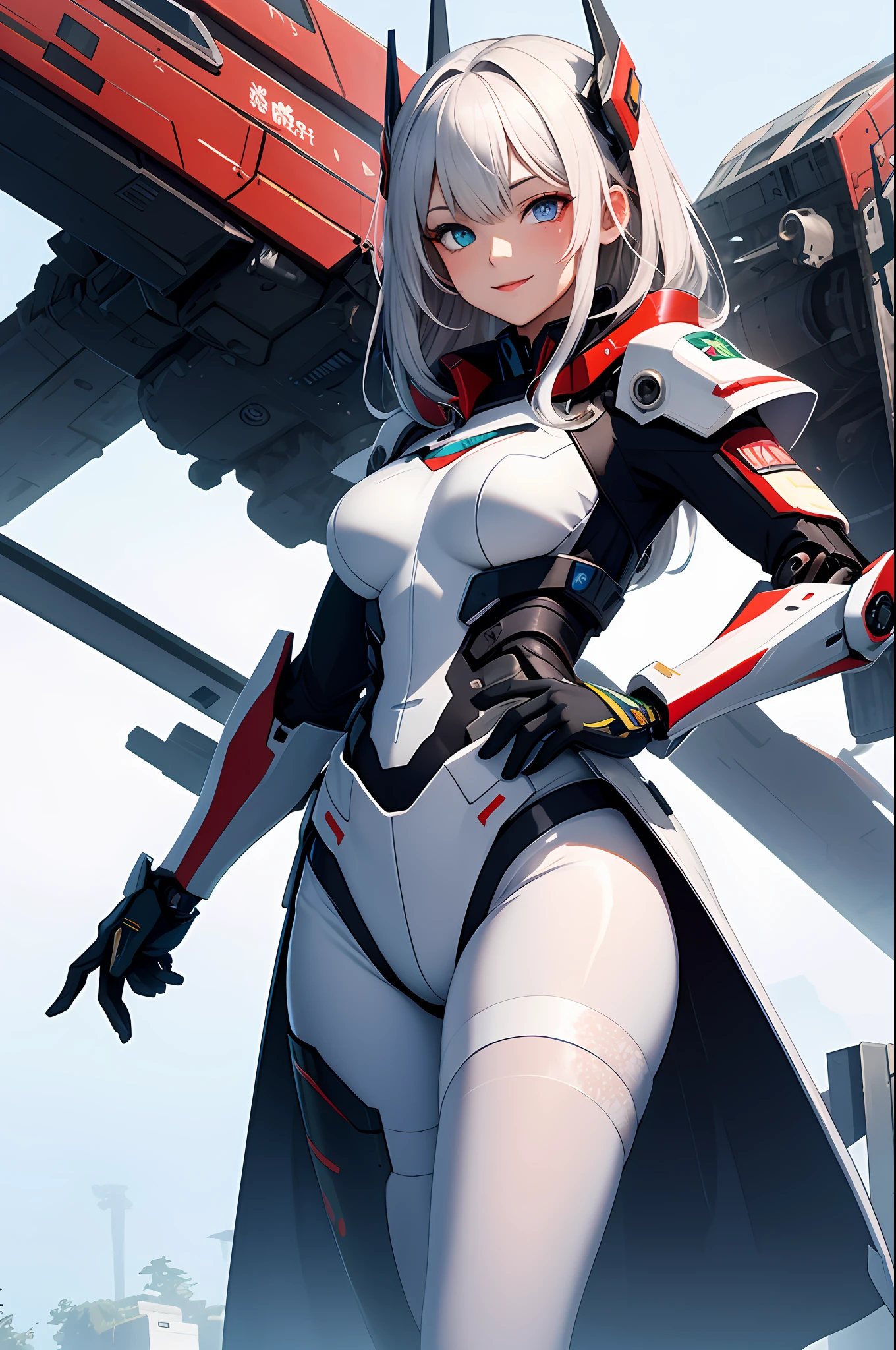 2.5D,a lovely sweet cute girl,mecha,white tactical surface fighter,Steel Forest,Mechanical chinese clothes,white pantyhose, extremely detailed CG unity 8k wallpaper,mecha,Mechanical,Mechanical structure,(heterochromia blue red),blue eyes,red eyes,Floating hair,((Colorful)),smlie,fighting stance,