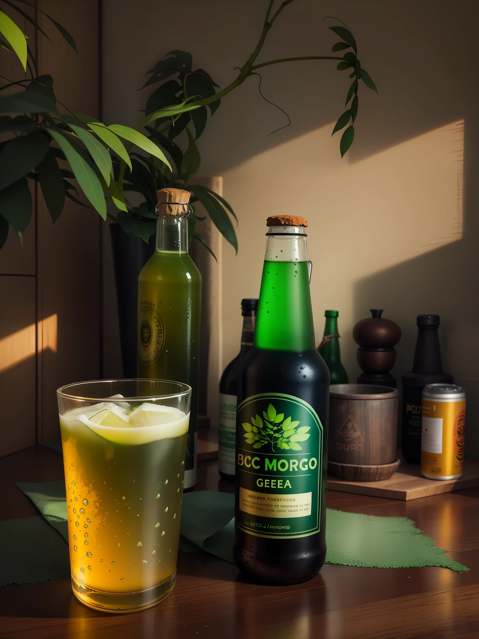 There is a green glass and a bottle of beer on a table, Hop Cone Juice, greenish tinge, suco de moringa, beber, inspired by Jens Søndergaard, #verde, green water, Directed by: Frederik Vermehren, inspired by Jan Kupecký, full of greenish liquid, 🍸🍋, um pouco de verde, morning golden hour