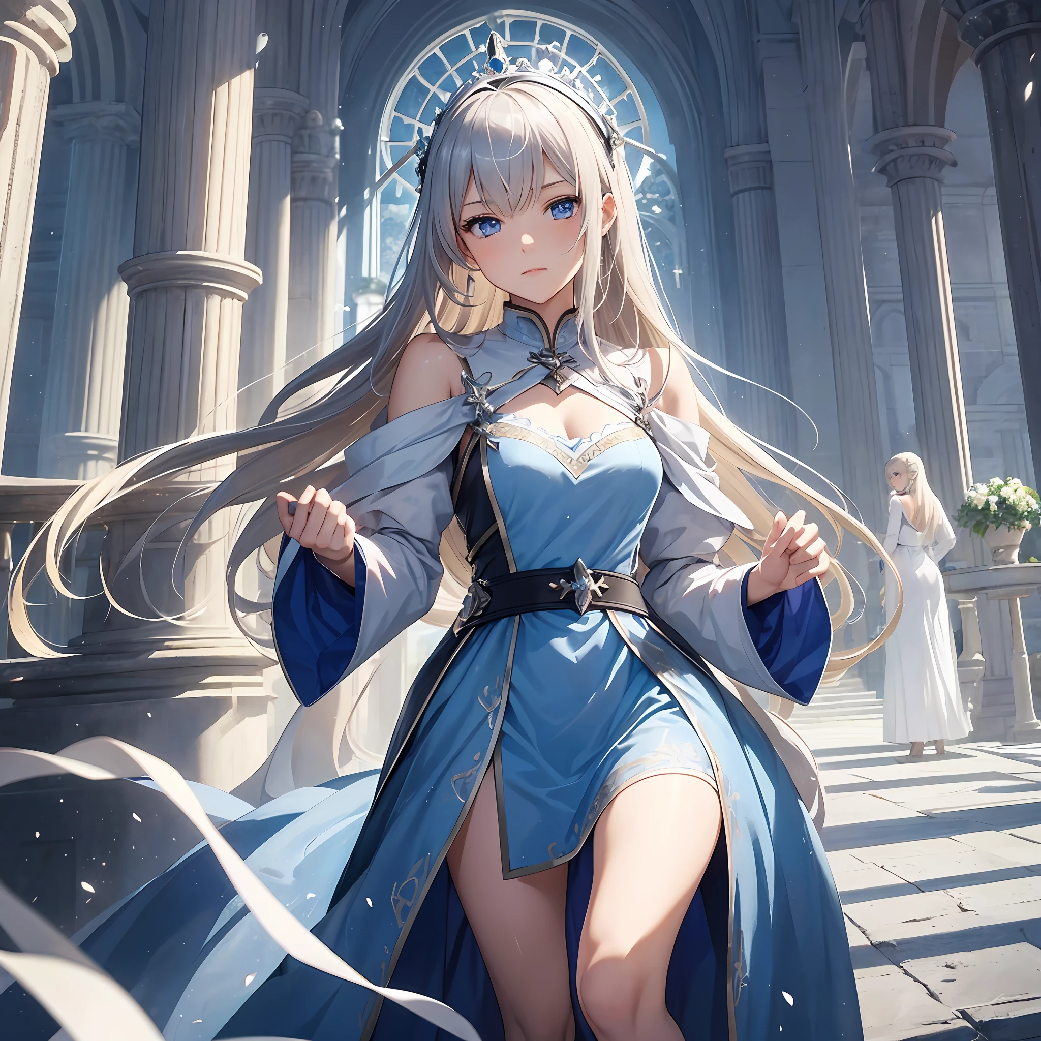 masterpiece, top-quality, One Young Woman Knight、cute little、beautiful countenance、beautidful eyes、Silver Half Plate、Silver dress armor、Gorgeous blonde、Long、Blue eyes、thoughtful、Hakuba、magical fantasy、in isekai、medieval Europe、FULL BODYSHOT、Dynamic angles、 --auto