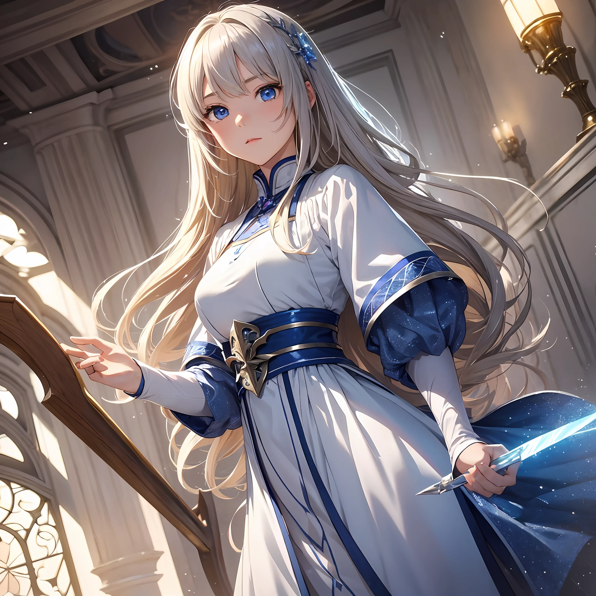masterpiece, top-quality, One Young Woman Knight、cute little、beautiful countenance、beautidful eyes、Silver Half Plate、Silver dress armor、Gorgeous blonde、Long、Blue eyes、thoughtful、Hakuba、magical fantasy、in isekai、medieval Europe、FULL BODYSHOT、Dynamic angles、 --auto