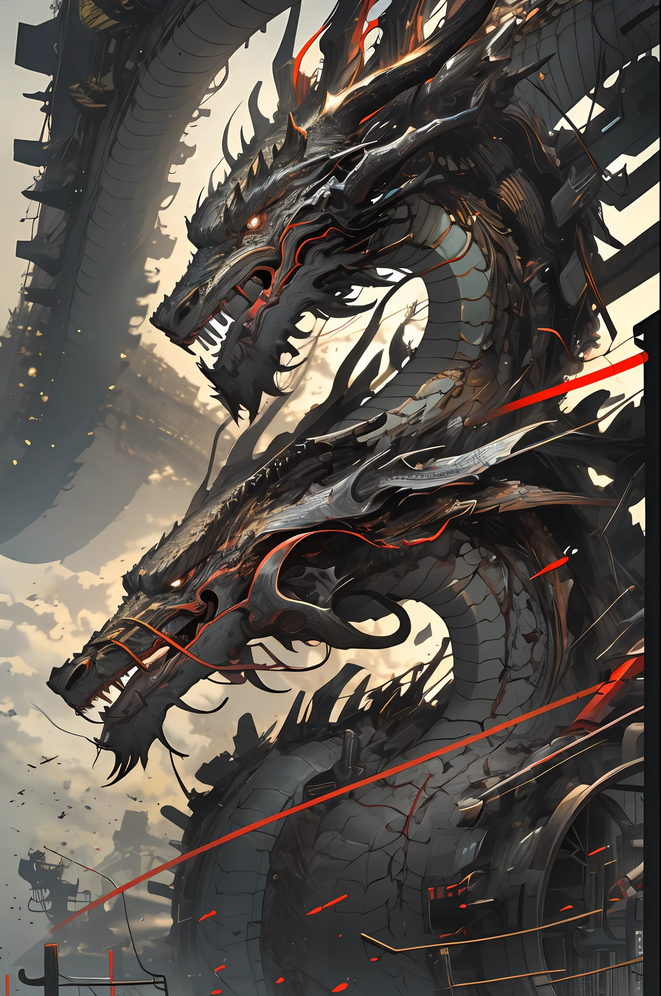 1 Mechanical Chinese Dragon，hyper realistic detailed，sportrait，globalillumination，shadowing，rendering by octane，8K，Super sharp，复杂，Decorations detailed，cool colours，metals，egypician detail，highly intricate detail，realistic raytraicing，CGSociety trends，glowing light eyes，facing at the camera，neon light detail，Mechanical limbs，blood vessels attached to the tube，The mechanical vertebrae are attached to the back，The mechanical neck is attached to the neck，sitted，Wires and cables are connected to the head