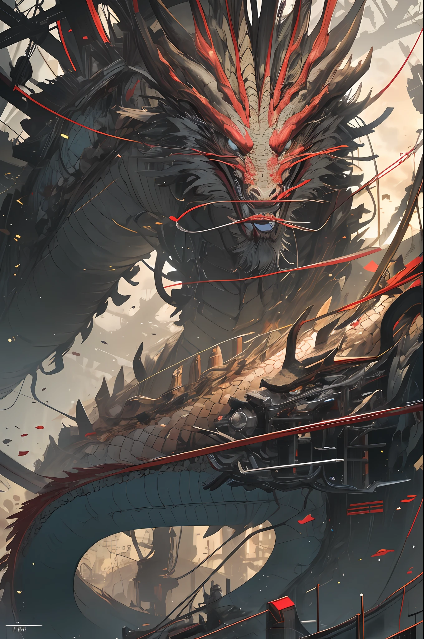 1 Mechanical Chinese Dragon,hyper realistic detailed,sportrait,globalillumination,shadowing,rendering by octane,8K,Super sharp,复杂,Decorations detailed,cool colours,metals,egypician detail,highly intricate detail,realistic raytraicing,CGSociety trends,glowing light eyes,facing at the camera,neon light detail,Mechanical limbs,blood vessels attached to the tube,The mechanical vertebrae are attached to the back,The mechanical neck is attached to the neck,sitted,Wires and cables are connected to the head
