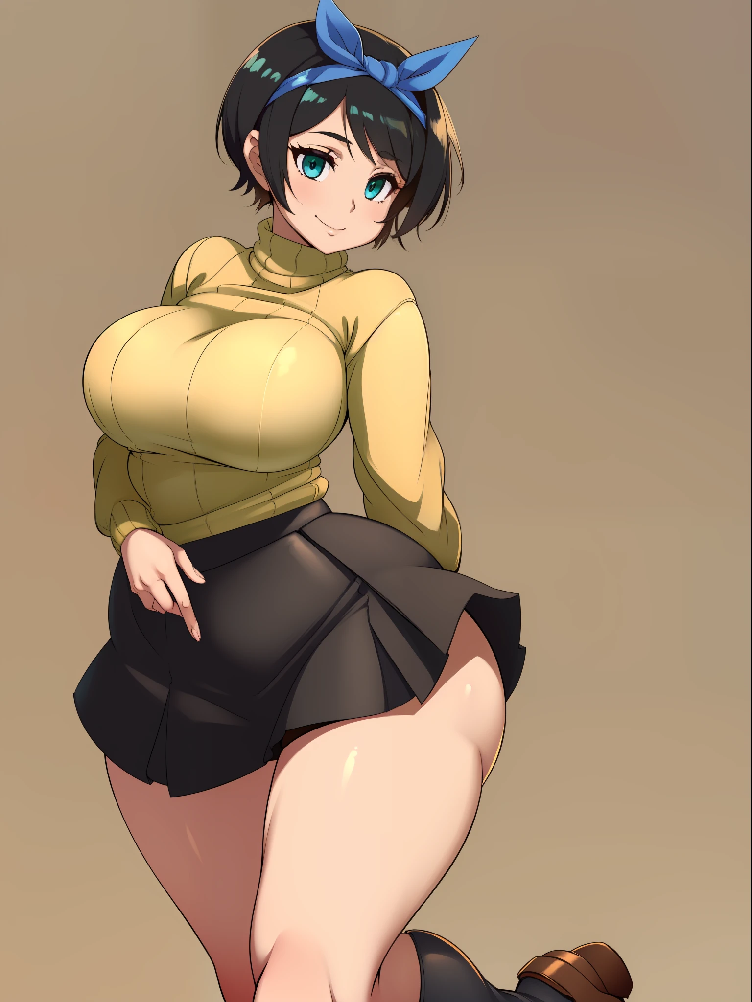 ((((kipteitei art)))), ((highres)),Masterpiece, high quality, best quality, beautiful, perfect lighting, detailed face, ultra cute face, ((1girl)), ((solo), ((((sarashina ruka)))), ((blue hairband)), ((tan turtleneck sweater)), ((black short skirt)), black socks, loafers, looking at viewer, cowboy shot, sweet smile, cute, happy, medium , perky breasts hips), (thick thighs), thicc, (simple background)