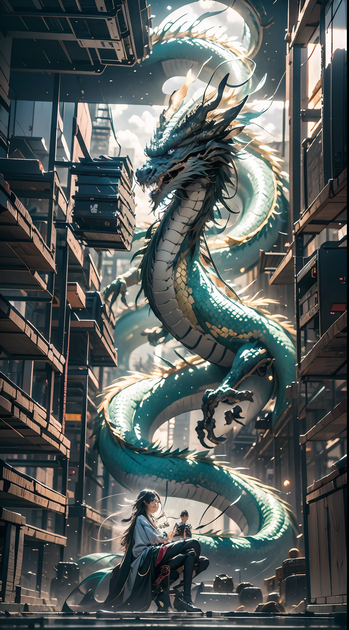 A Chinese dragon，The audience gazes，Auspicious clouds，Ultra-detailed images of mechanical interiors，Unique mech design。