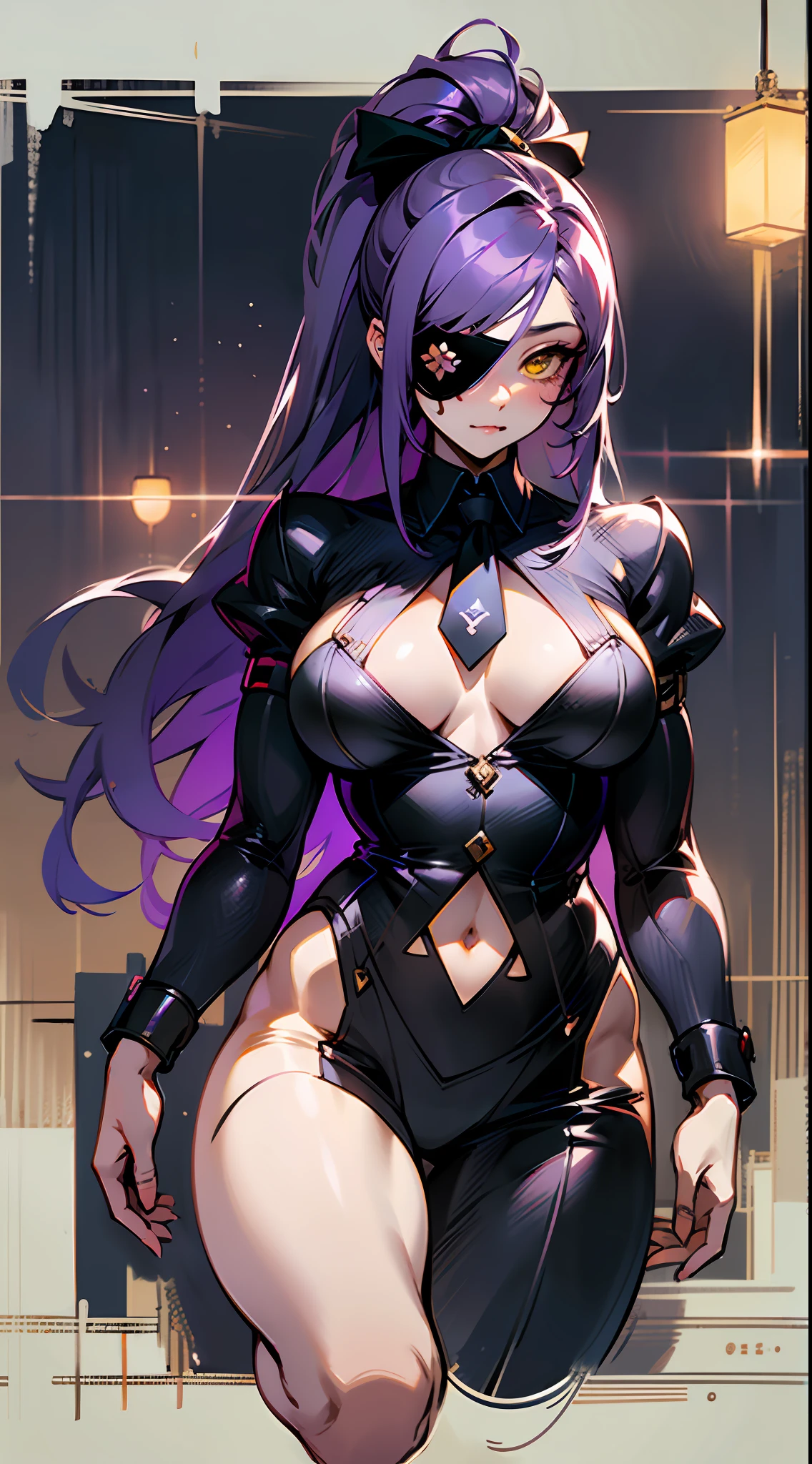 (Surreal), (Illustration), (High resolution), (in 8K), (Extreme Detail), (Best Illustration), (beautiful detail), (Best Quality), (masuter piece), (Wallpaper), ( Detailed face), purple color  hair、poneyTail、yellow  eyes、an eye patch、Black shirt、Suits、neck tie、deacon、Wear less revealing clothing、full body Esbian、Realistic fantasy rendering, Realistic anime girl rendering, Full body portrait, (Big Breast: 1.4)  popular in CGSTATION, wlop. 4K、highlight in eyes、Night background