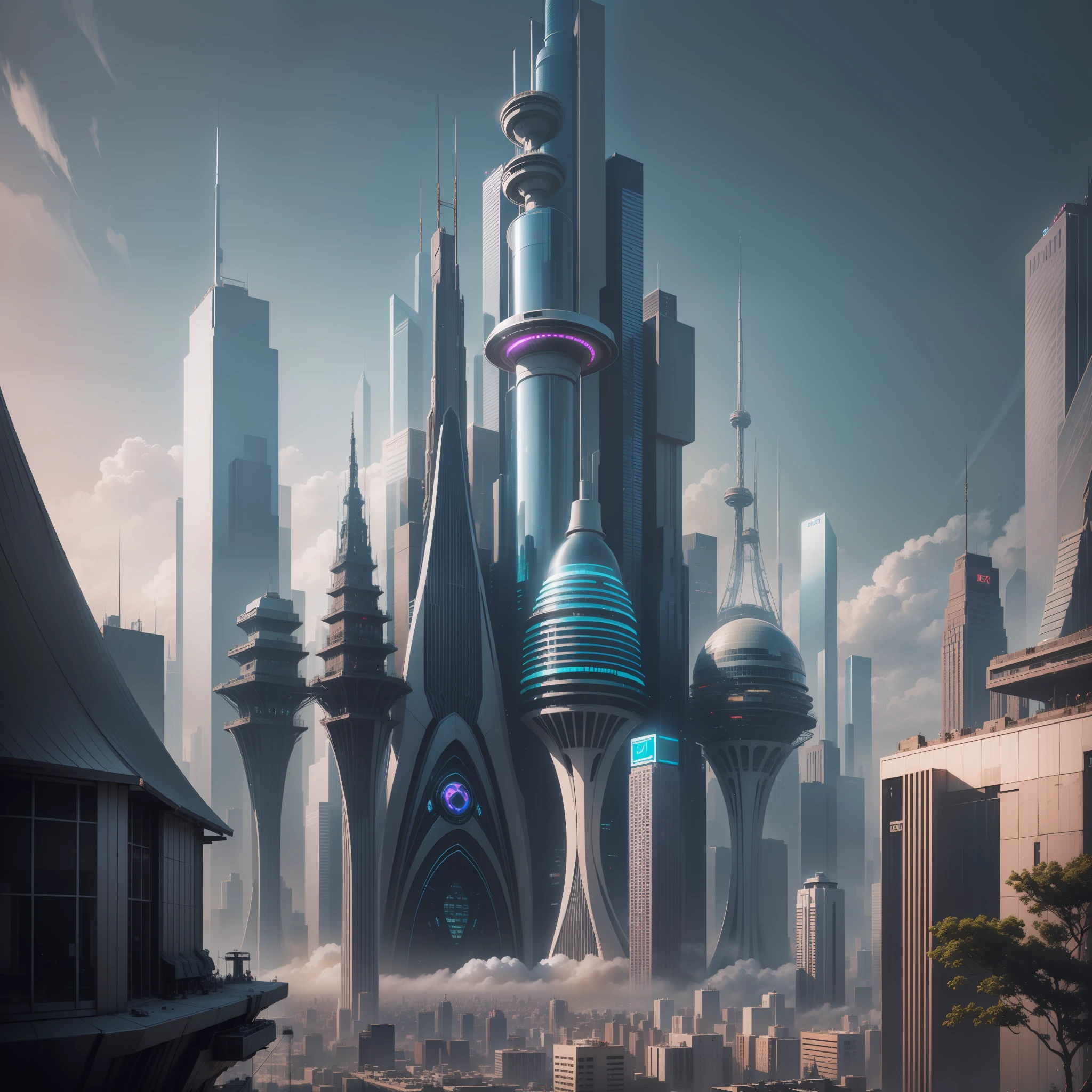 Skyscrapers towering above the ground Megacities Huge metropolis epcot Sci-Fi Cyberpunk top-quality masterpiece 超A high resolution dream