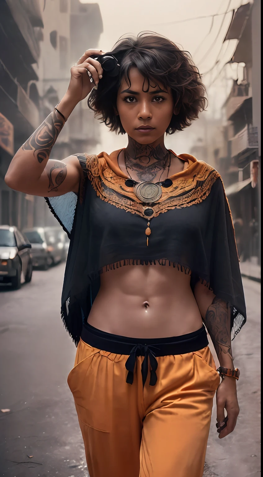 (
(Character: one mexican woman, mystic, brown skin, black lmedium hair, medium messy hair, abs, happy)
(Clothing: orange inca poncho, inca pants, amulets, inca tattoos)
(Posing against a city street at night)
(Abstract colors, texture, film grain, analog style, cinematic movie still frame, orange color scheme)
(Skin pores, dusty atmospheric haze, vignetting, wrinkles:0.2, intricate hasselblad dslr RAW dramatic portrait photo, eye contact, nofilter selfie, (backlit)1.2, (film grain)1.2)
)