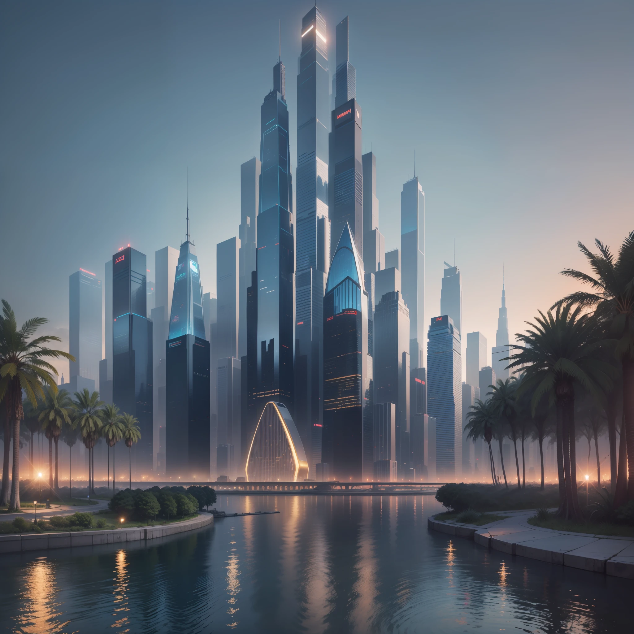 Skyscrapers towering above the ground　Megacities　Huge metropolis　epcot　Sci-Fi Cyberpunk　top-quality　​masterpiece　超A high resolution　dream