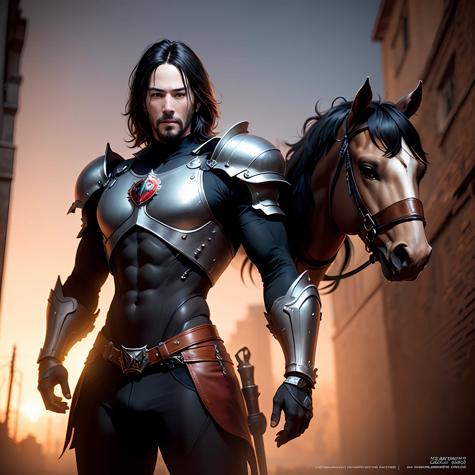 Keanu Reeves, Adornado con armadura medieval negra con detalles esmeralda, 1hombre, (cuerpo completo: 1.3), 12k, a high definition, Kinematic, Ganador del concurso Behance, Destacado en Unsplash, Arte digital estilizado, Suave, ultra-high def, 8k, Motor Unreal 5, Ultra Sharp Focus, Obra maestra de arte intrincada, Arte digital 3D de alta calidad