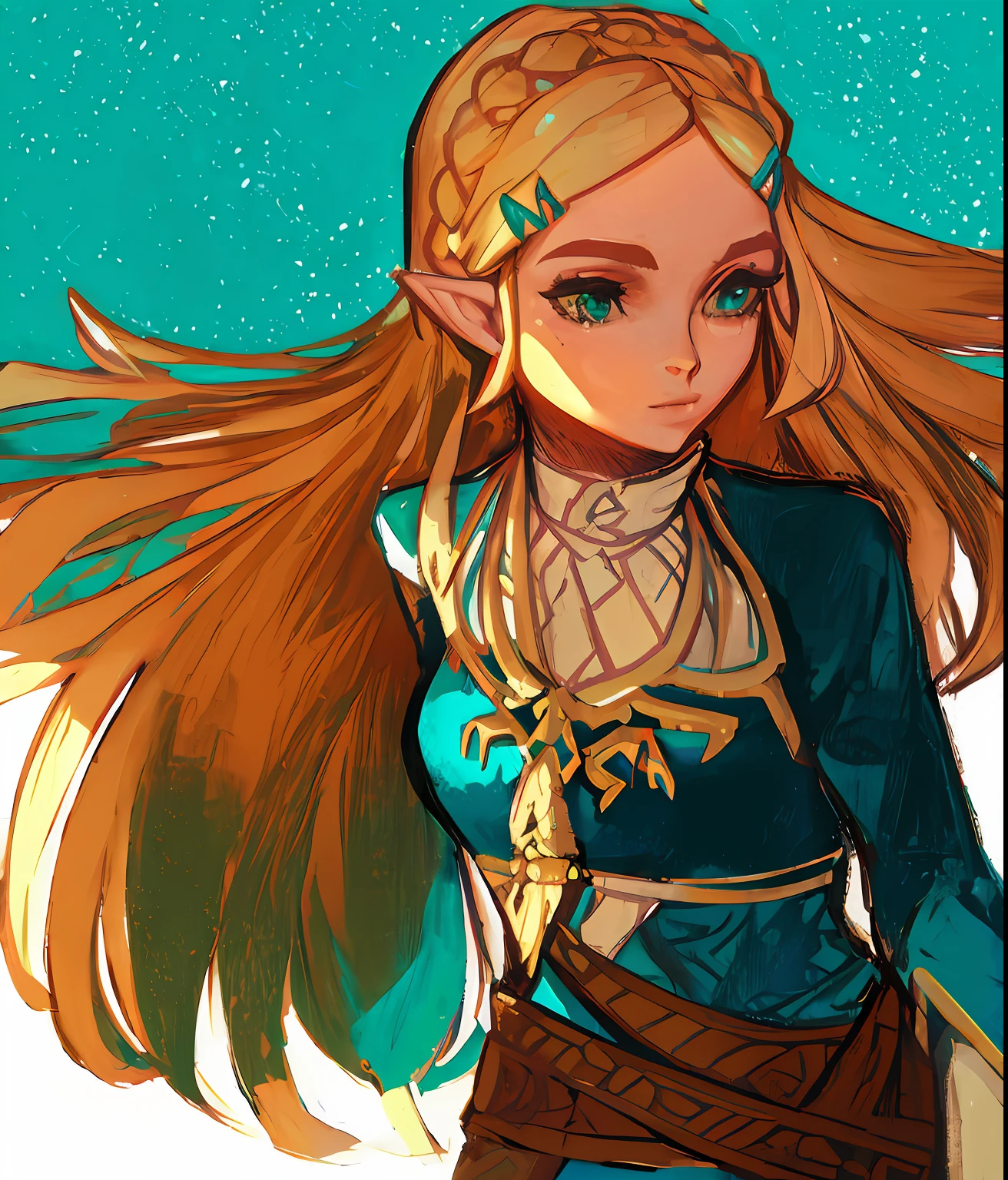 um desenho de uma mulher com longos cabelos loiros segurando uma espada, Zelda Botw, estilo Botw, Retrato de Zelda, Arte estilo Zelda, Retrato da princesa Zelda, Princesa Zelda, Botw, de legend of Zelda, Zelda, Zelda com Triforce, Princesa elfa, fanart requintada altamente detalhada, breath of the wild art style, Sopro do Estilo Selvagem