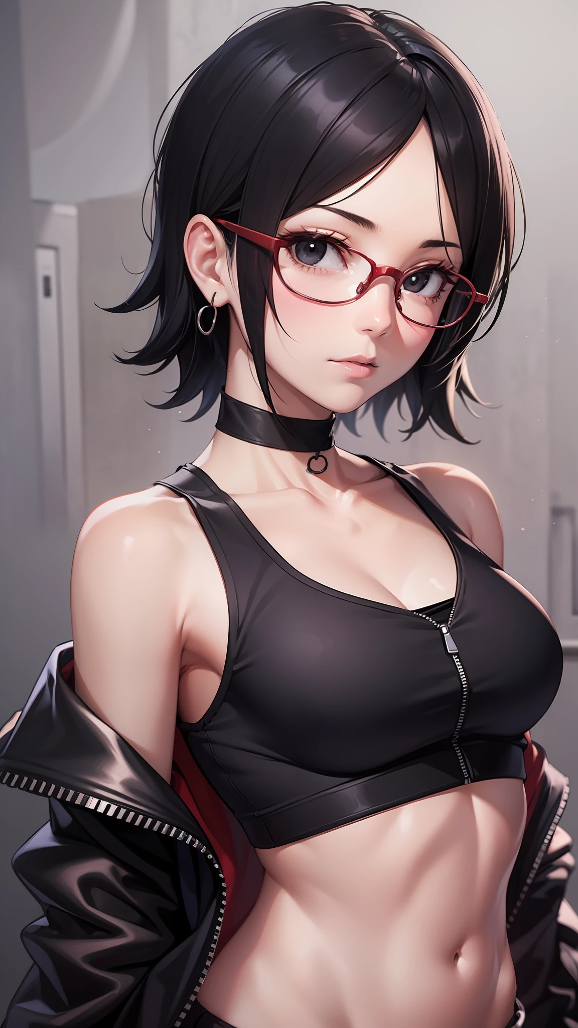 ((Matserpiece)), best quality, highres, Sarada,  up, mature, adult, time skip, sort hair, thin glasses, bare shoulder, black jacket, crop top, black tank top, simple back grounr, sexy pose, black eyes, black hair, close up, earing, collarbone, uchiha symbol earing, very short hair, tomboy hair, tomboy, long tube top,