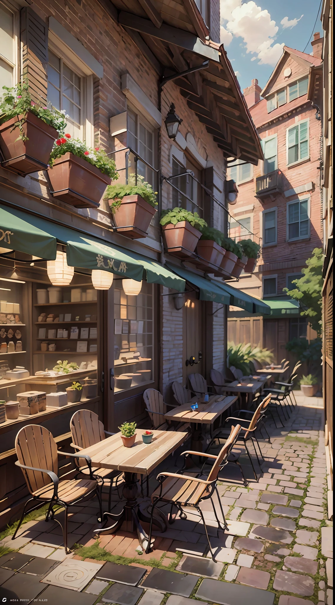 there is a patio with a table and chairs and a door, by senior environment artist, relaxing concept art, inspired by senior environment artist, beautiful 3 d concept art, environment art, 3 d stylize scene, cozy cafe background, anime scenery concept art, akihiko yoshida. unreal engine, anime background art, realistic 3 d style, highly detailed scene