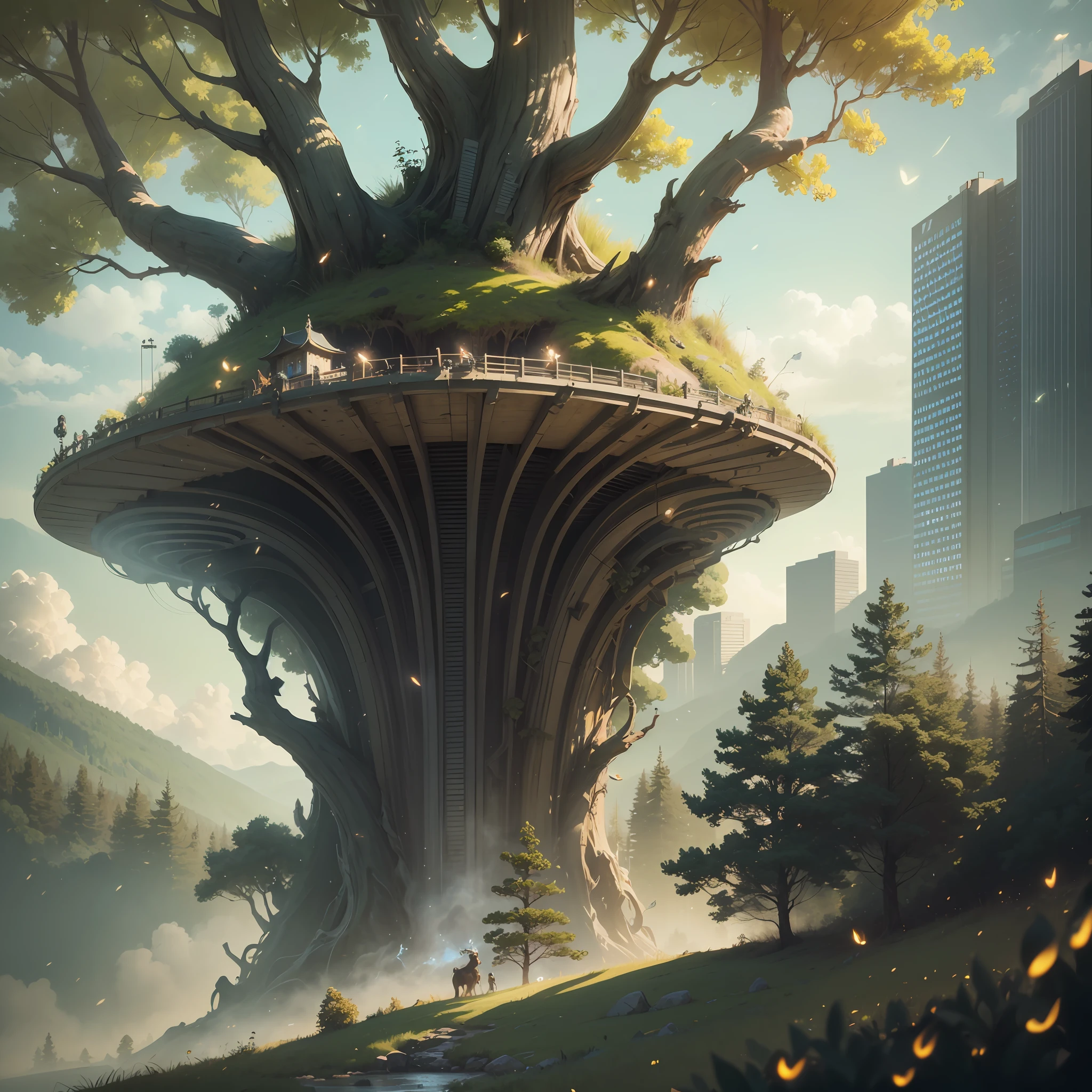 Masterpiece, best quality, (very detailed CG unity 8k wallpaper), (best quality), (best illustration), (best shadows), glow sprite, with a glowing deer, in the swimming pool Drinking water, natural elements in the forest theme. Mysterious forest, beautiful forest, nature, surrounded by flowers, delicate leaves and branches surrounded by fireflies (natural elements), (jungle theme), (leaves), (twigs), (fireflies), (particle effects) etc. 3D , Octane rendering, ray tracing, super detailedSky, Clouds, holding_weapon, no_humans, Glow, giant mechanical _ trees , city with tall trees _Architecture, “sky, cloud, glowing, big trees ,comunity,joy, ghost elephants, robot, cybernetic _trees, tree_mech, sci-fi, cityscape, realistic, mechanical” Science Fiction, Cities, Rendered in Octane, hyper realistic, 8k, epic composition, cinematic, octane render, artstation landscape vista photography by Carr Clifton & Galen Rowell, 16K resolution, Landscape veduta photo by Dustin Lefevre & tdraw, 8k resolution, detailed landscape painting by Ivan Shishkin, DeviantArt, Flickr, rendered in Enscape, Miyazaki, Nausicaa Ghibli, Breath of The Wild,,trending in artstation, cgsociety, 8k post-processing highly detailed,Junji Murakami, Mucha Klimt, Sharandula, Hiroshi Yoshida, Tom Bagshaw, Ross Tran, Artgerm,Craig Mullins,dramatic,Junji Murakami, moody lighting rendered by octane engine,characters 8K symmetrical arstation, cape,cinematic lighting, intricate details, 8k detail post processing, hyperealistic, octane rend, Zdzisław Beksiński style, ar 2:3 Reality Reality –auto –v6 –s2Finetuned Model Leon --auto --s2