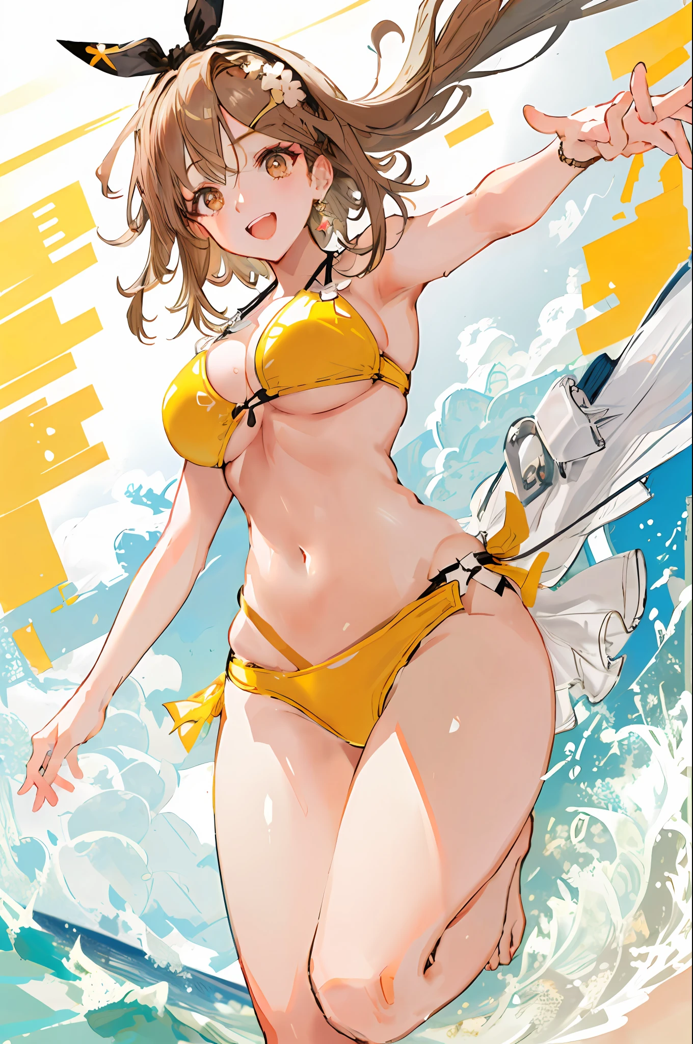 (Everlasting summer beach), (2ndSwimsuit), (​masterpiece, top-quality, 8K picture quality)、(Realistic), THE ULTIMATE ANIME ILLUSTRATOR:1.2, hight resolution),  (look from down:1.2), (Beautiful leg lines:1, thick thight:1.1), detailed thigh, Wet crotch、Jump over the camera with a jump、Lively composition、Toothy smile