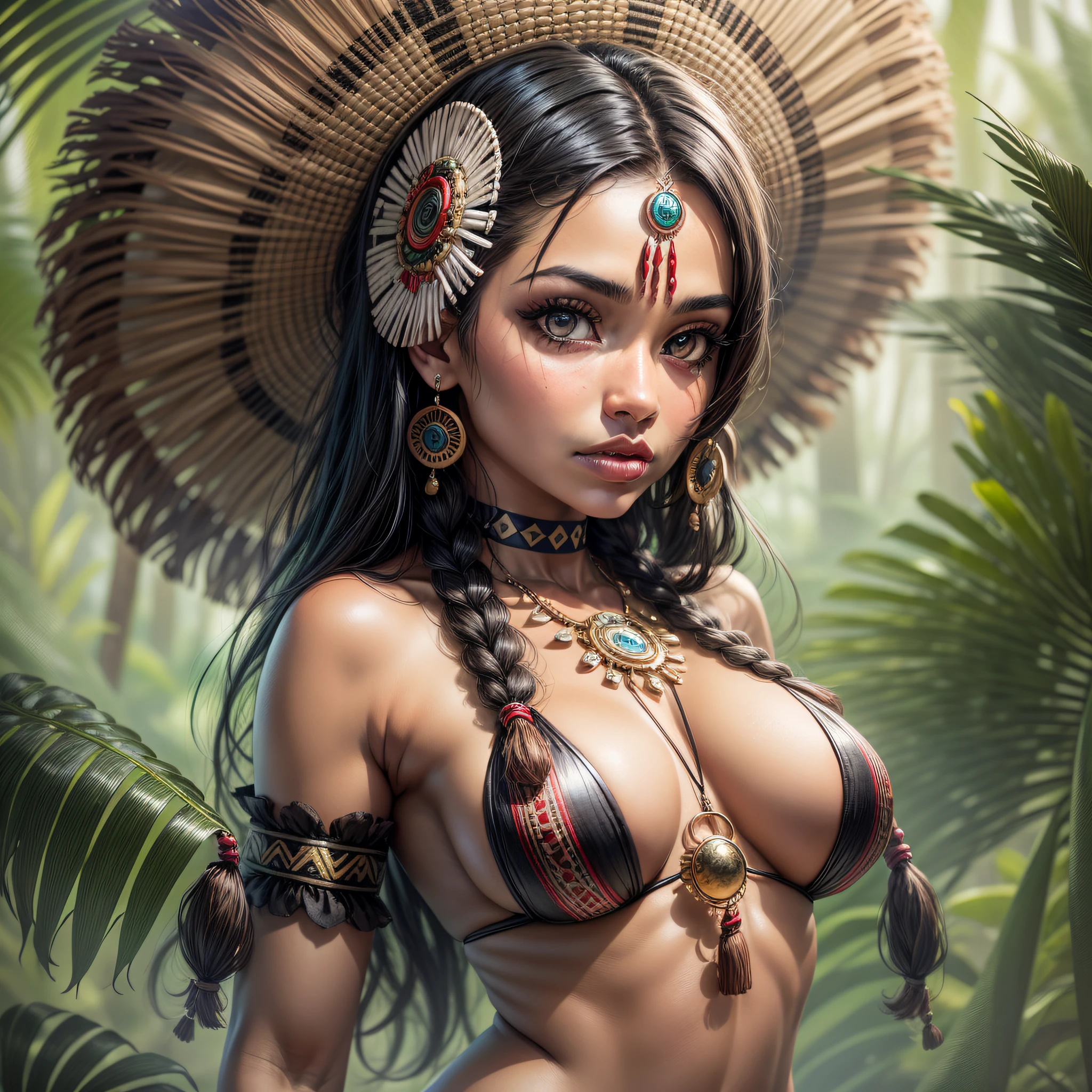 1girl, obra-prima, best_quality, uma mulher negra brasileira, cabelo cacheado preto,_eyes, black, large_breasts, amazon, Maquiagem tribal, Amazon Indian tribal clothing, tonalizado, na floresta (abs:0.8),