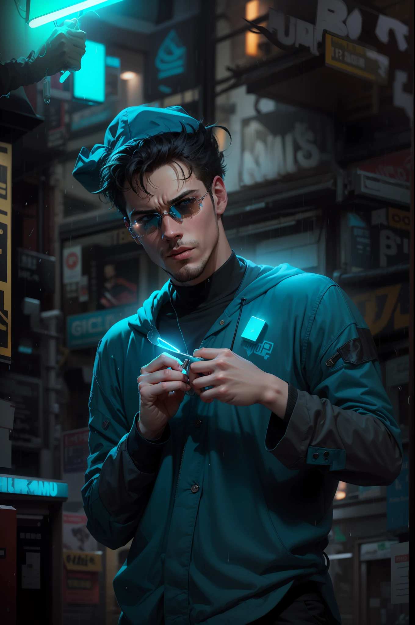 1man, hacker, hood, sunglasses, holding a worm pill and a blue one, movie set, neon light ends, night, rain, volumetric lighting, best quality, masterpiece, realistic