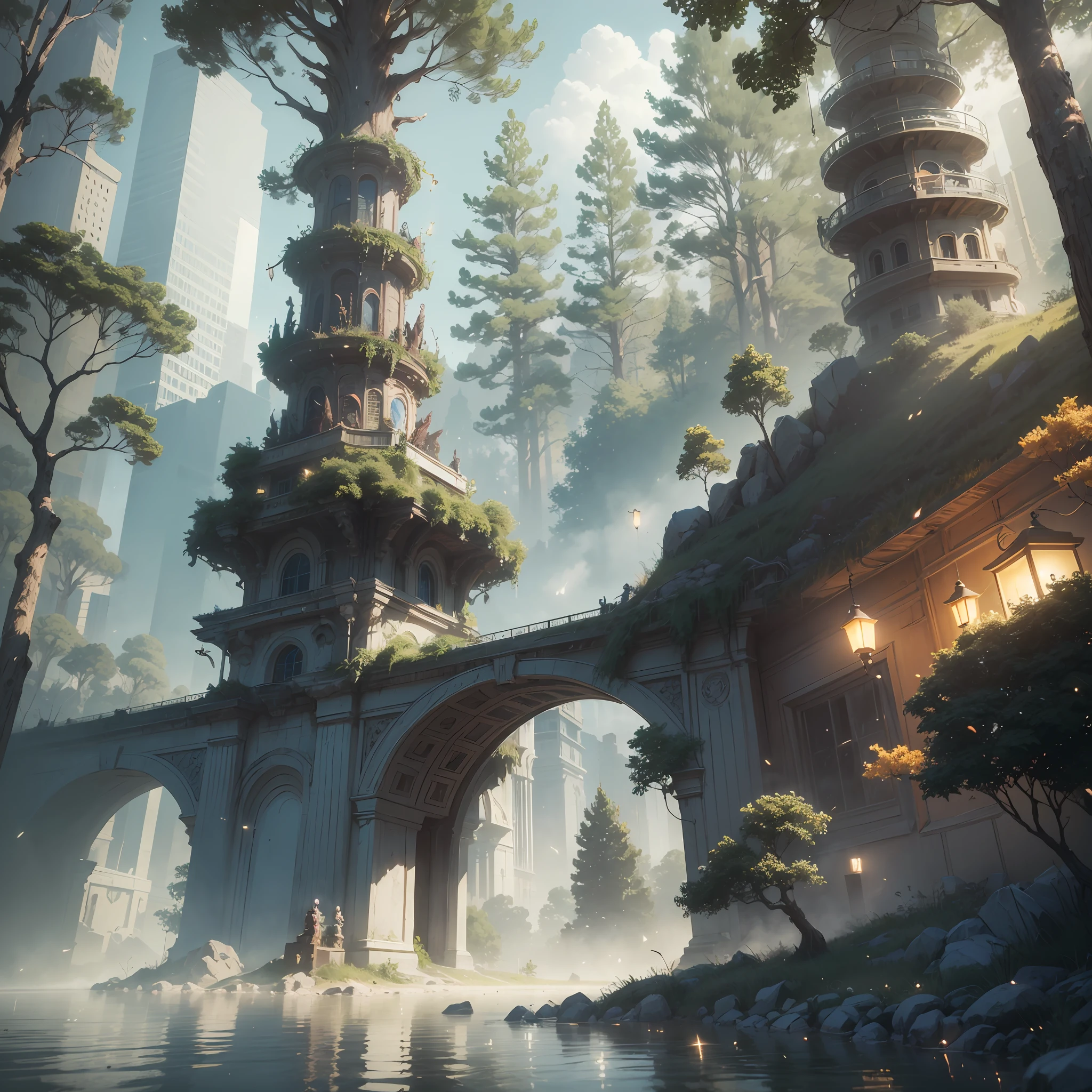 Masterpiece, best quality, (very detailed CG unity 8k wallpaper), (best quality), (best illustration), (best shadows), glow sprite, with a glowing deer, in the swimming pool Drinking water, natural elements in the forest theme. Mysterious forest, beautiful forest, nature, surrounded by flowers, delicate leaves and branches surrounded by fireflies (natural elements), (jungle theme), (leaves), (twigs), (fireflies), (particle effects) etc. 3D , Octane rendering, ray tracing, super detailedSky, Clouds, holding_weapon, no_humans, Glow, giant mechanical _ trees , city with tall trees _Architecture, “sky, cloud, glowing, big trees ,comunity,joy, ghost elephants, robot, cybernetic _trees, tree_mech, sci-fi, cityscape, realistic, mechanical” Science Fiction, Cities, Rendered in Octane, hyper realistic, 8k, epic composition, cinematic, octane render, artstation landscape vista photography by Carr Clifton & Galen Rowell, 16K resolution, Landscape veduta photo by Dustin Lefevre & tdraw, 8k resolution, detailed landscape painting by Ivan Shishkin, DeviantArt, Flickr, rendered in Enscape, Miyazaki, Nausicaa Ghibli, Breath of The Wild,,trending in artstation, cgsociety, 8k post-processing highly detailed,Junji Murakami, Mucha Klimt, Sharandula, Hiroshi Yoshida, Tom Bagshaw, Ross Tran, Artgerm,Craig Mullins,dramatic,Junji Murakami, moody lighting rendered by octane engine,characters 8K symmetrical arstation, cape,cinematic lighting, intricate details, 8k detail post processing, hyperealistic, octane rend, Zdzisław Beksiński style, ar 2:3 Reality Reality –auto –v6 –s2Finetuned Model Leon --auto --s2