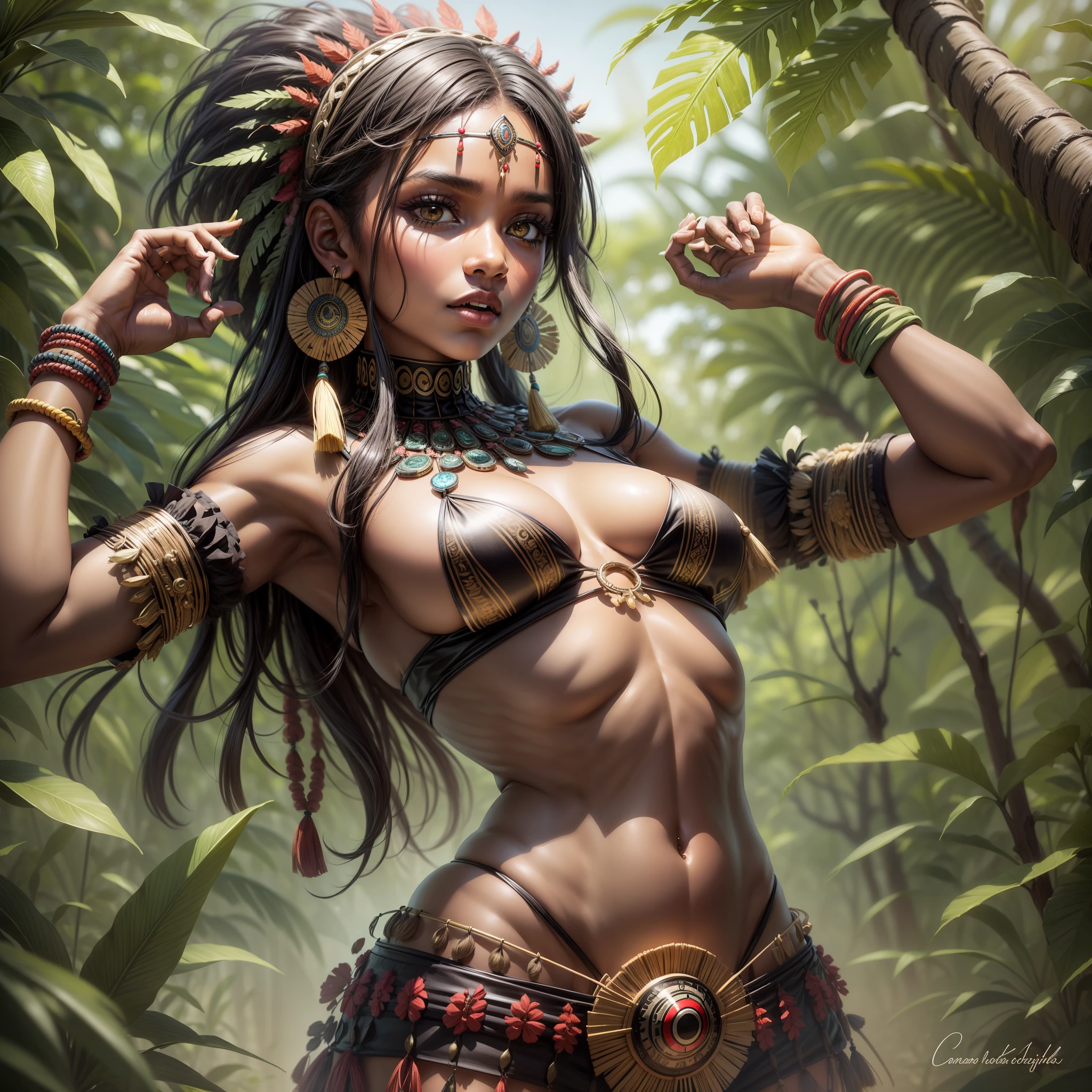 1girl, obra-prima, best_quality, uma mulher negra brasileira, cabelo cacheado preto,_eyes, black, large_breasts, amazon, Maquiagem tribal, Amazon Indian tribal clothing, tonalizado, na floresta (abs:0.8),