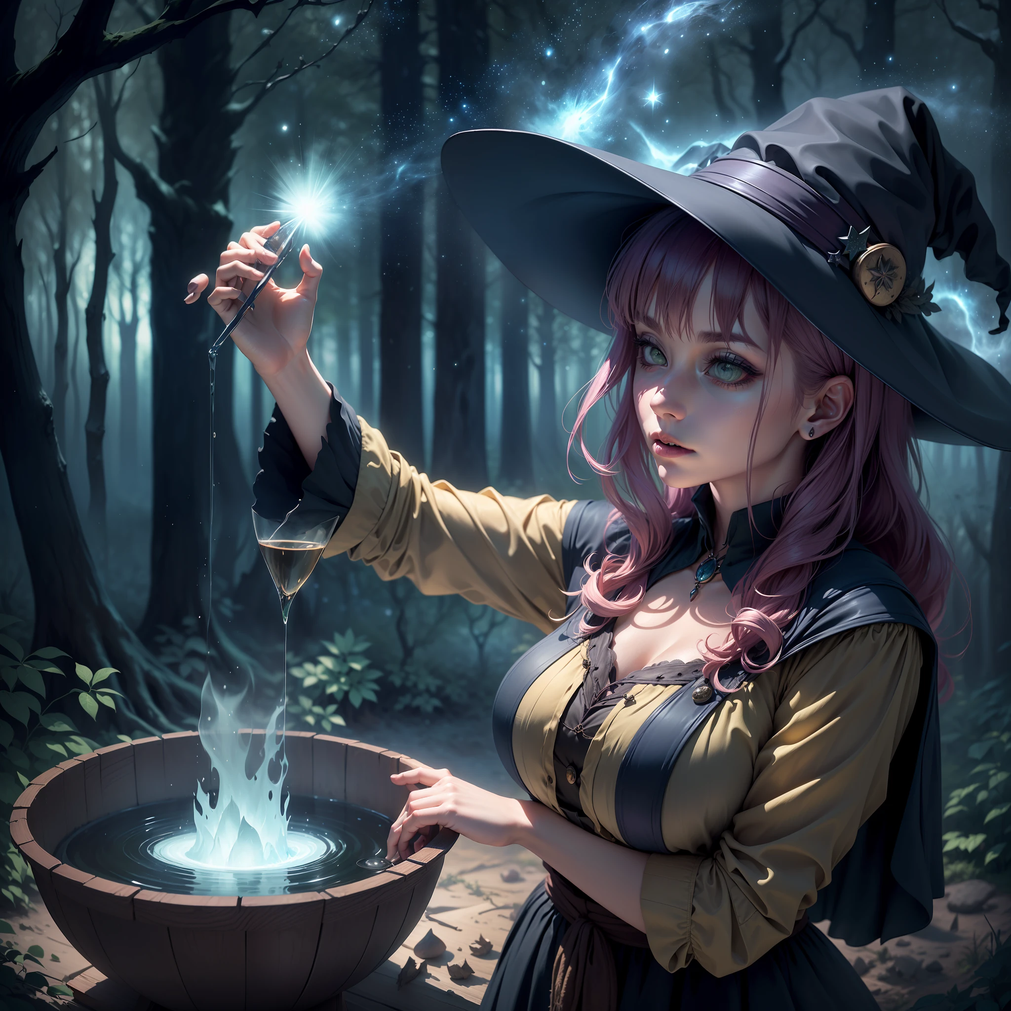 (mesmerizing, masterful, hauntingly beautiful witch in the woods),(using a cauldron, brewing a potion, stirring the mixture),(under the starry night, surrounded by twinkling, magical effects),(vividly colored magical particles, element of surprise, dramatic aura)