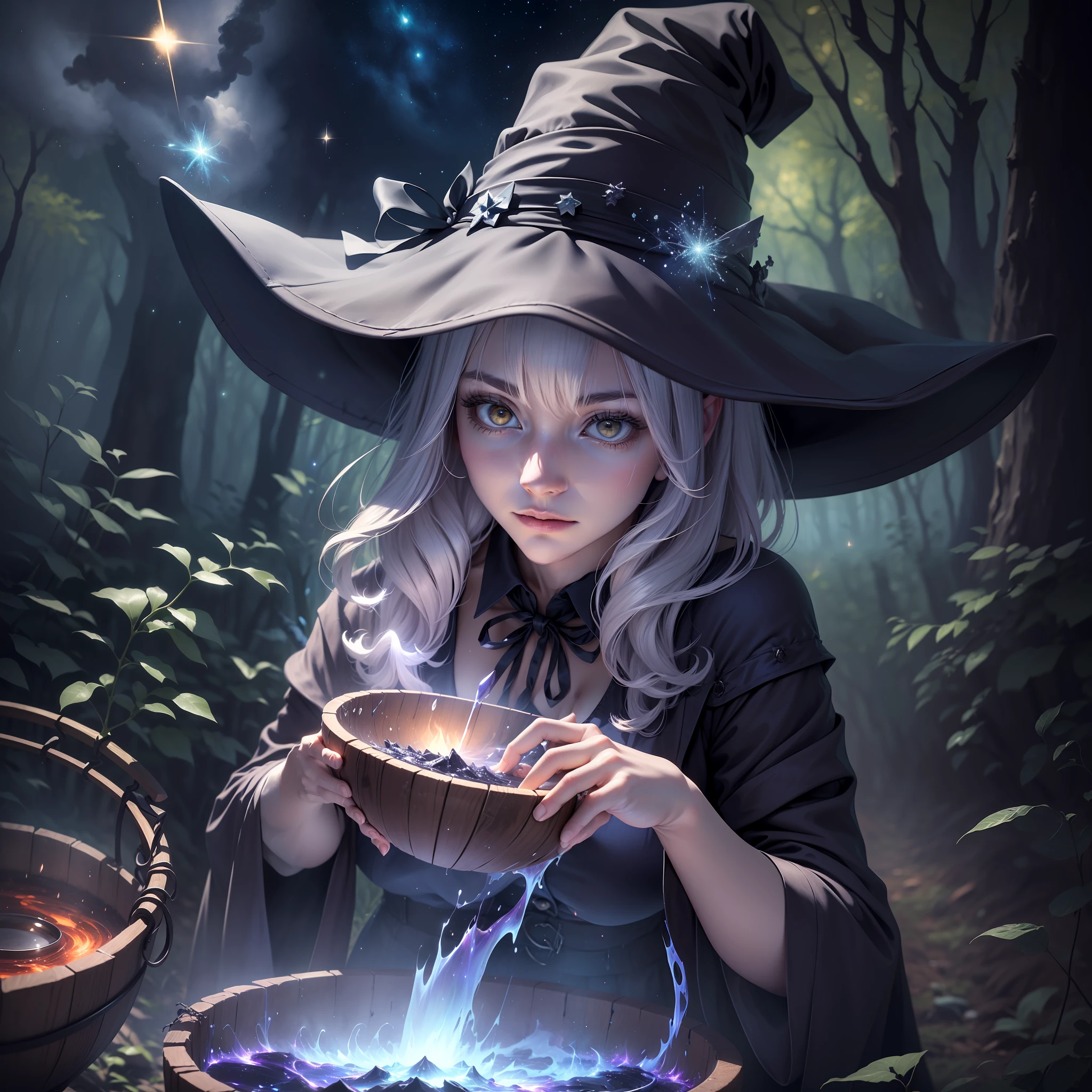 (mesmerizing, masterful, hauntingly beautiful witch in the woods),(using a cauldron, brewing a potion, stirring the mixture),(under the starry night, surrounded by twinkling, magical effects),(vividly colored magical particles, element of surprise, dramatic aura)